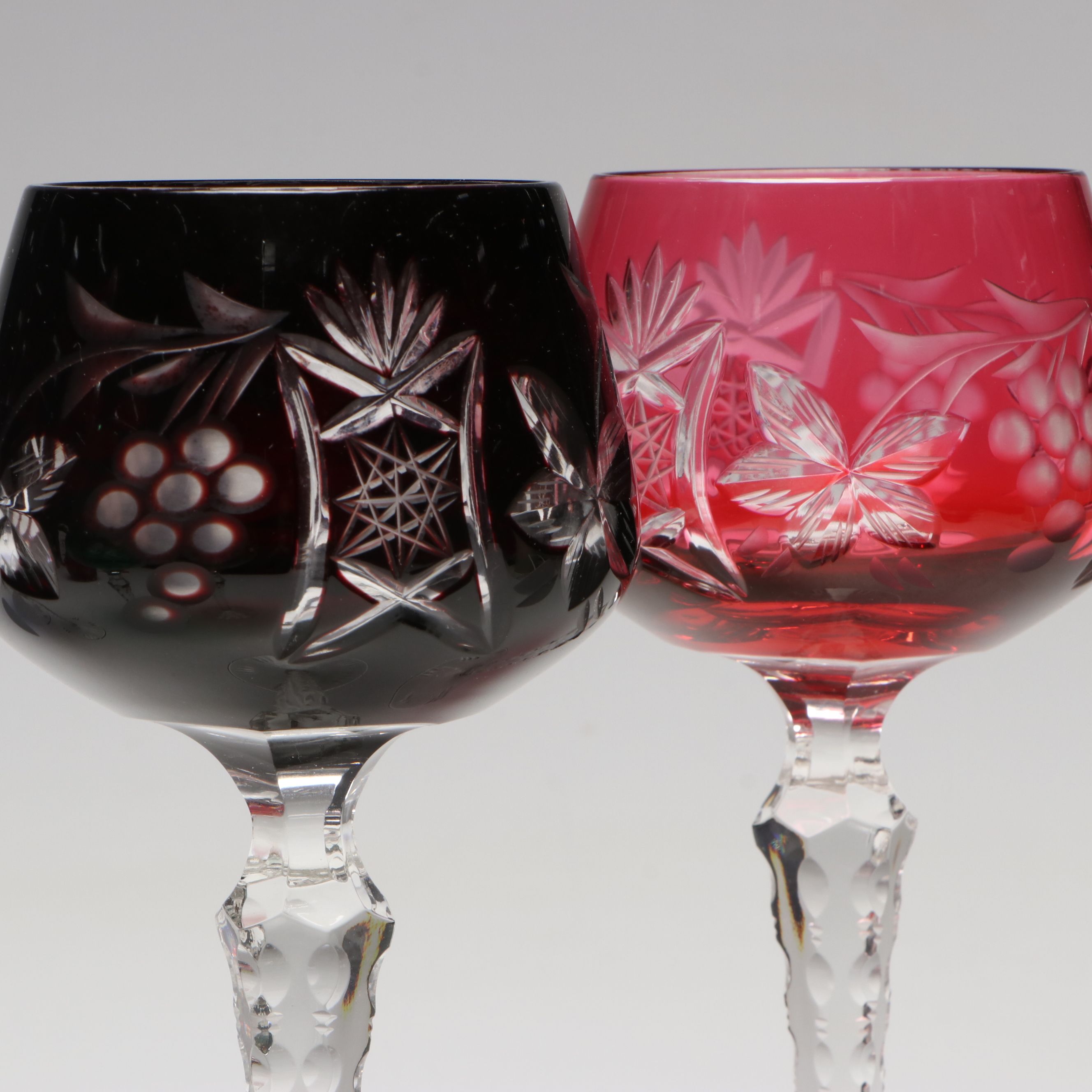 Bohemian Style Colored Crystal Decanter and Wine Glasses