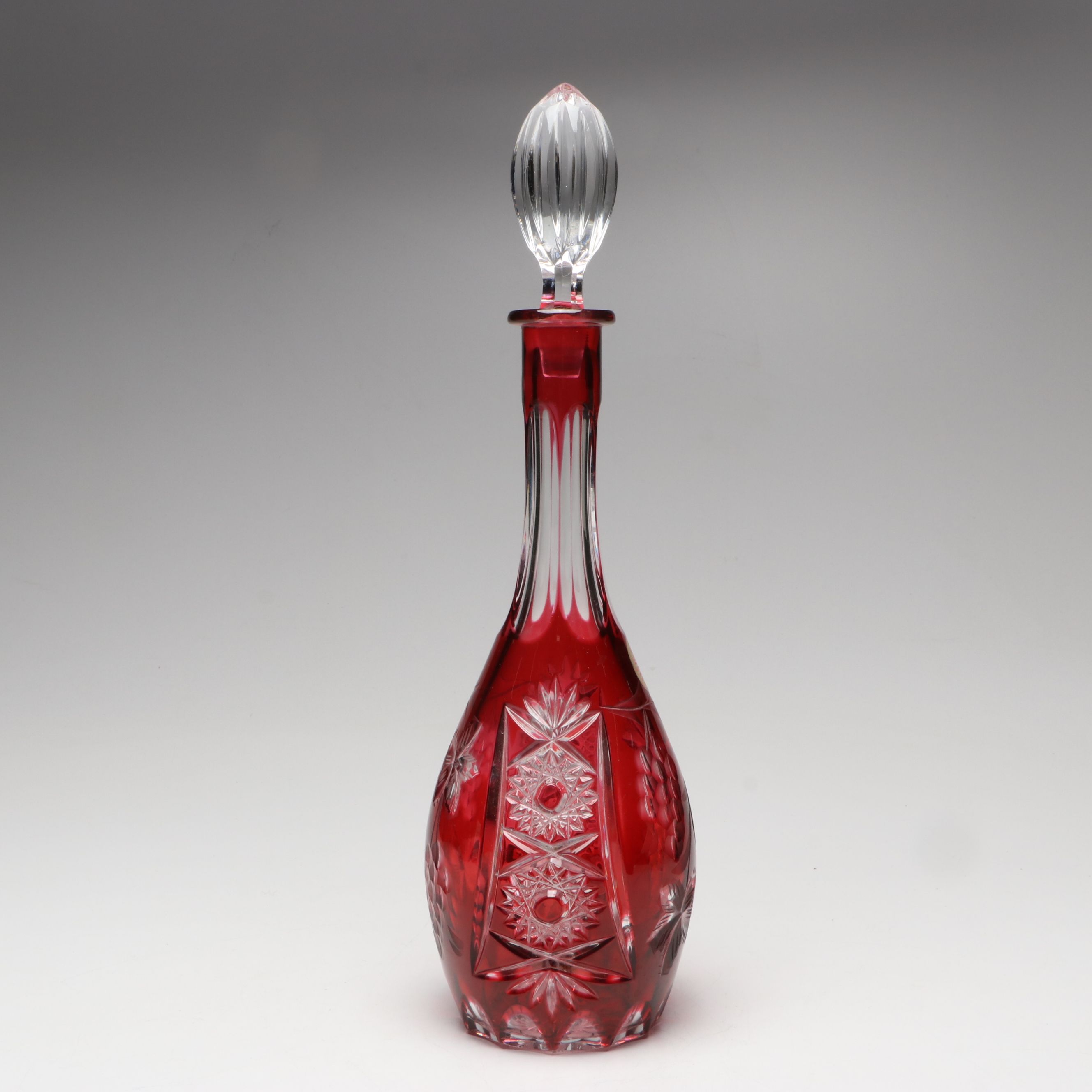 Bohemian Style Colored Crystal Decanter and Wine Glasses