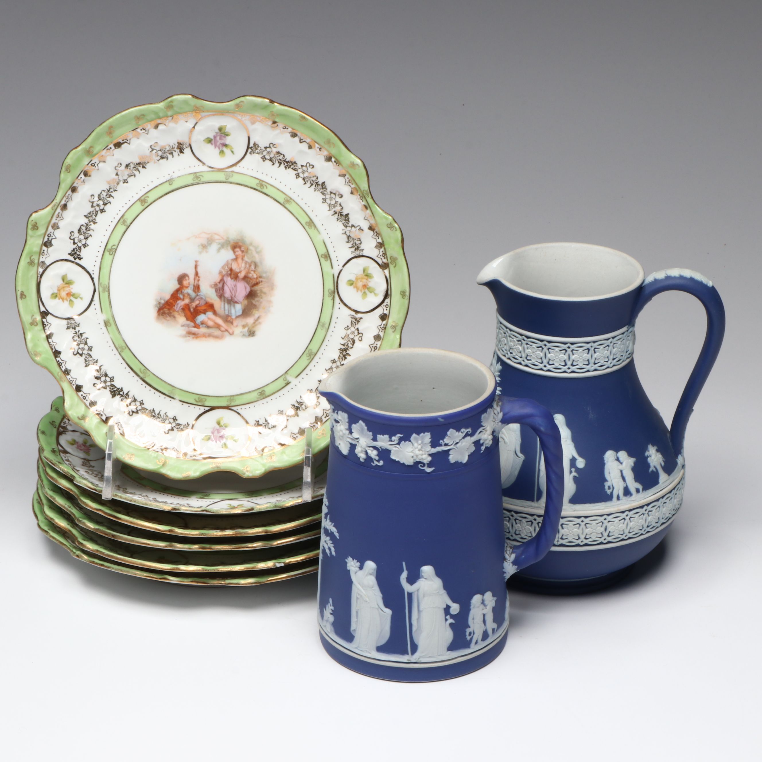 Antique Charles Ahrenfeldt Porcelain Salad Plates and Wedgwood Pitchers