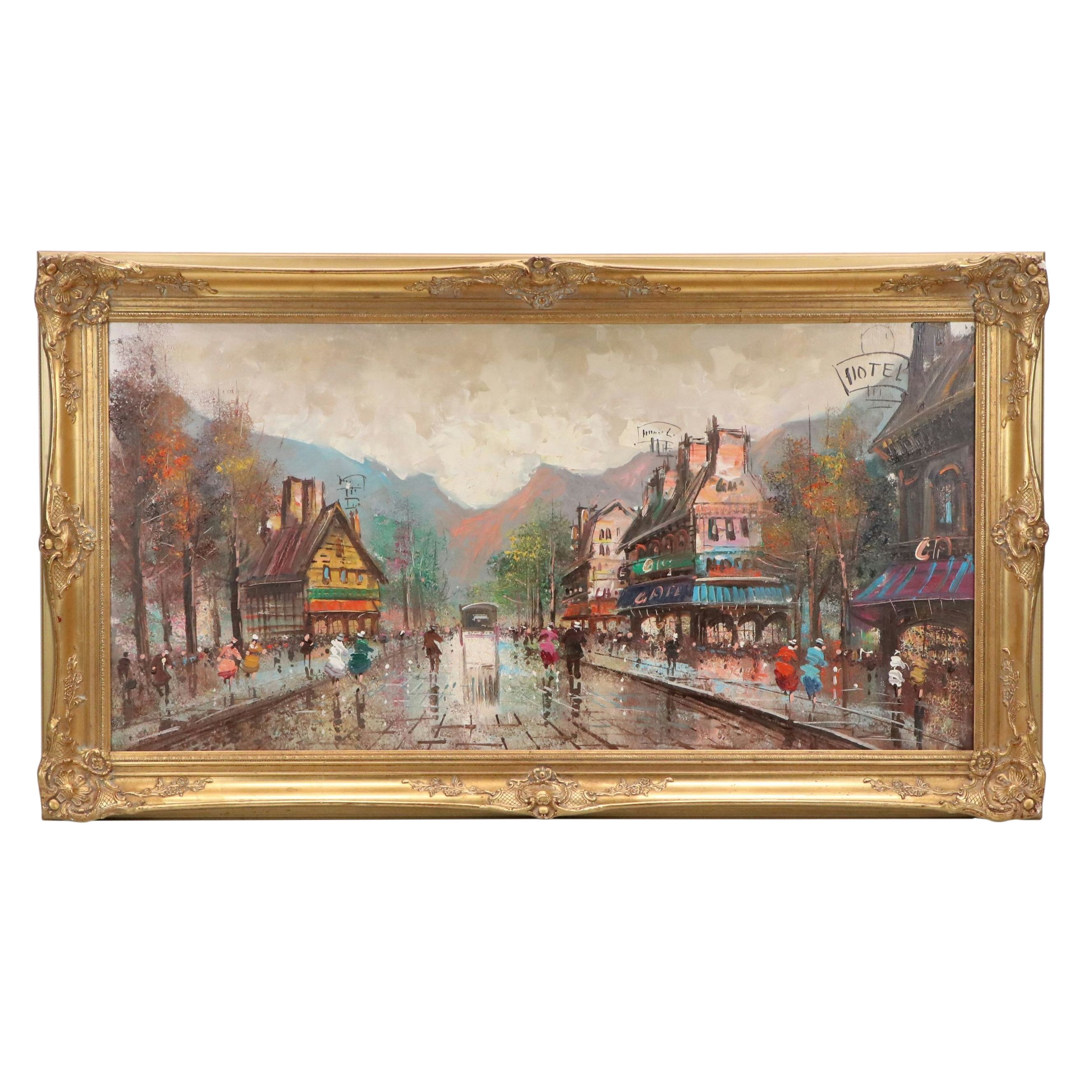 Impressionistic Oil Painting of European Village Street, Mid to Late 20th C.