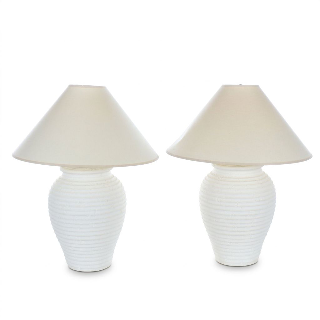 Pair of White Banded Beehive Ceramic Table Lamps with Conical Shades