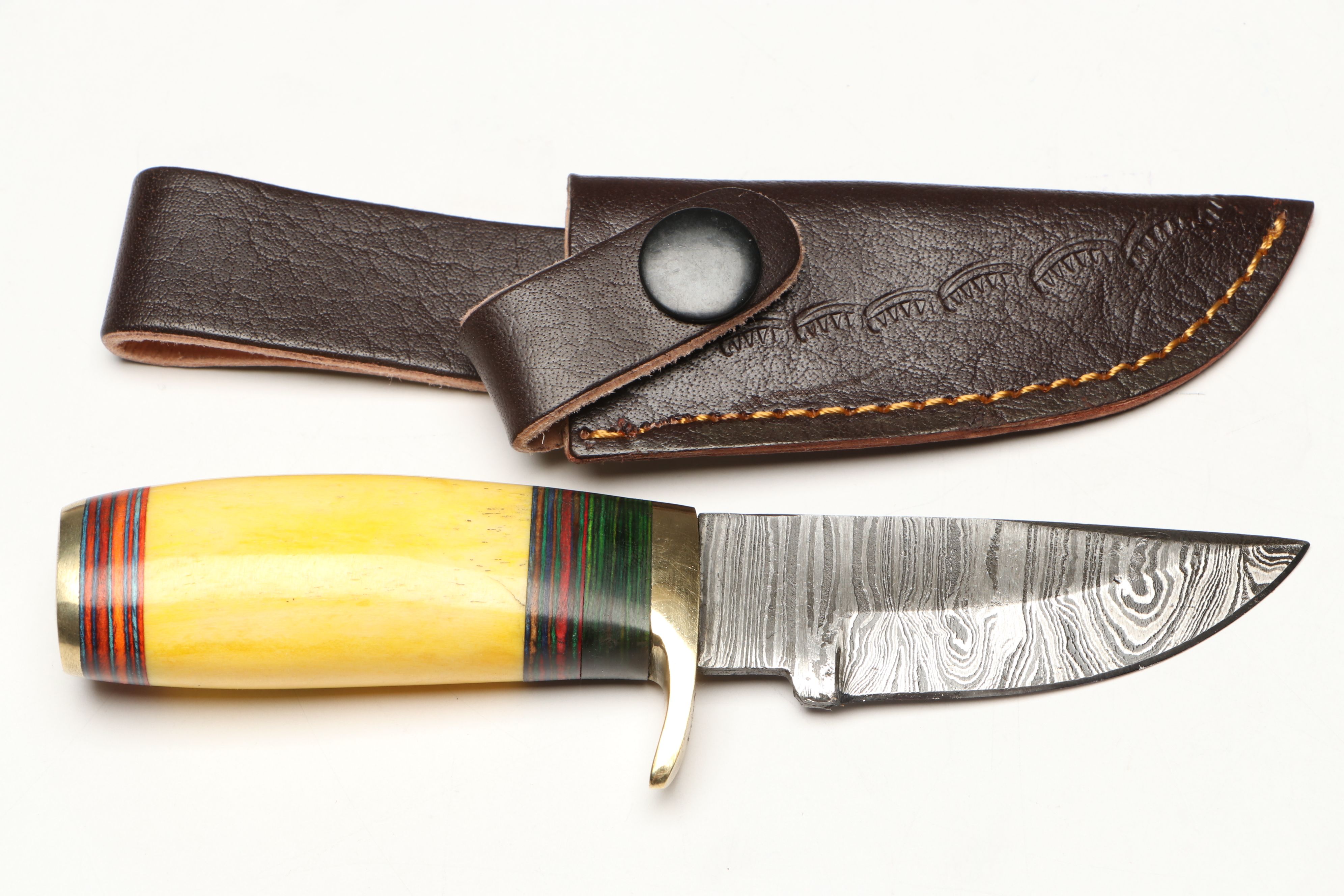 Damascus Steel Skinner and Hunting Knives in Leather Scabbards