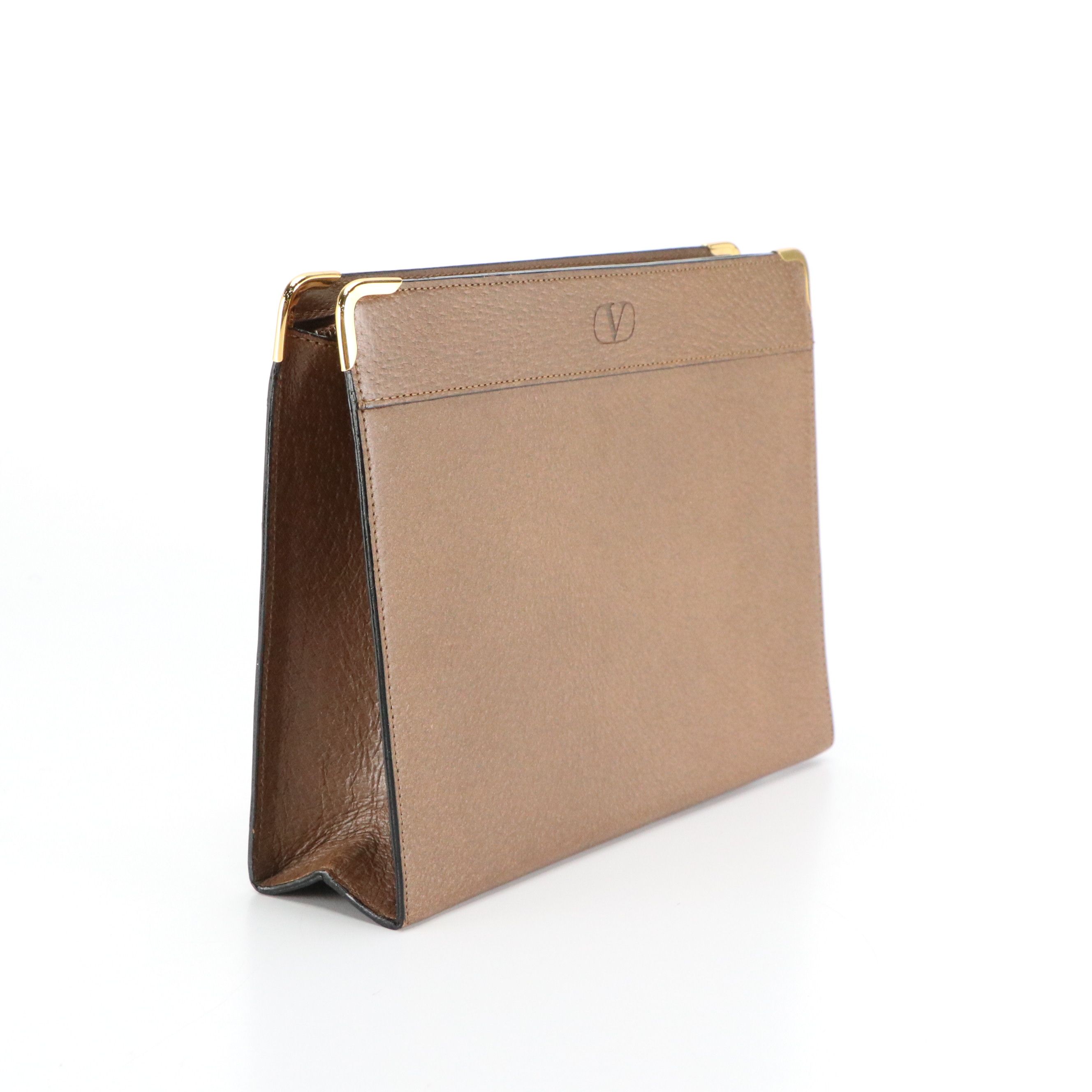 Valentino Garavani Zip Clutch in Brown Grained Leather