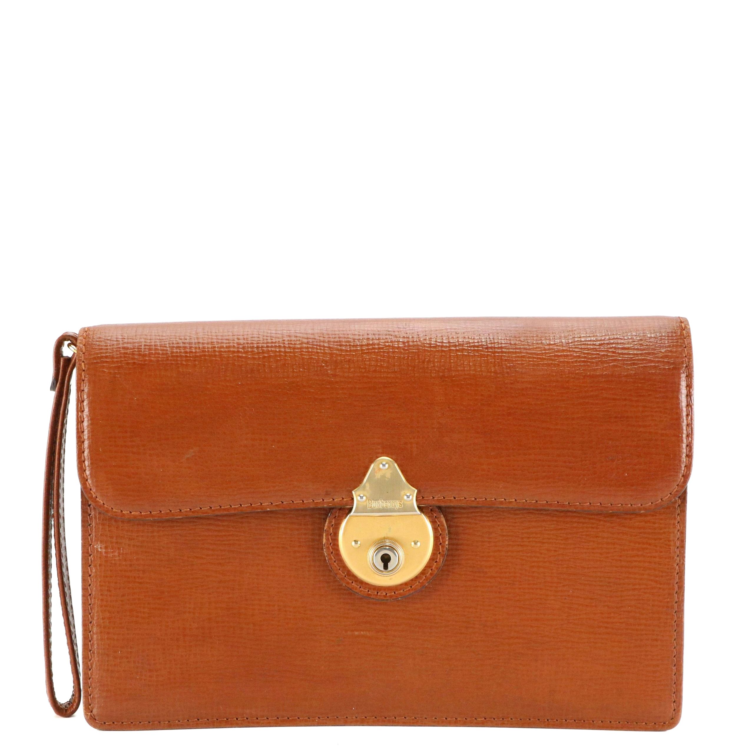 Burberrys Flap Wristlet Clutch in Brown Leather