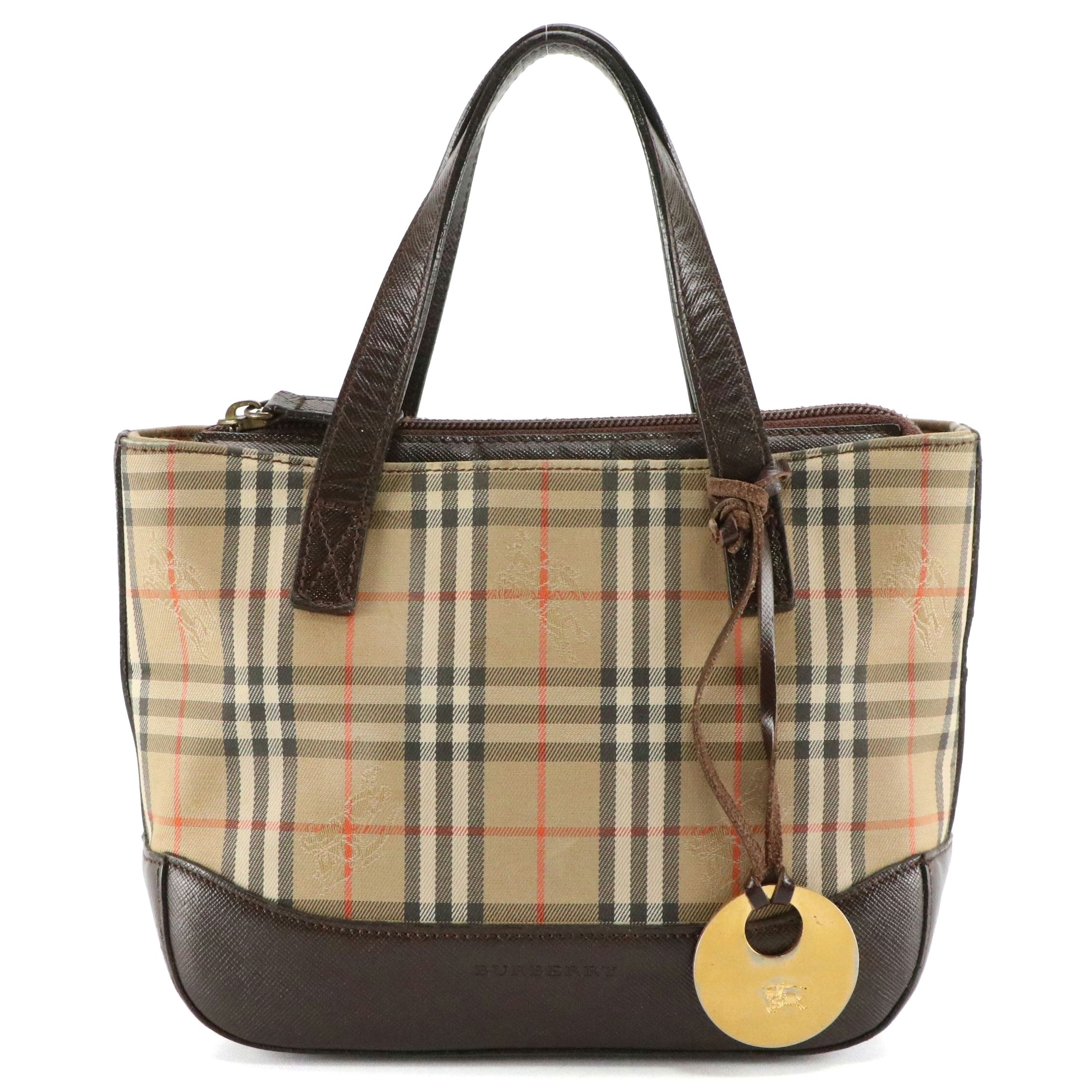 Burberry Small Top Handle Pocket Bag in Haymarket Check and Brown Leather
