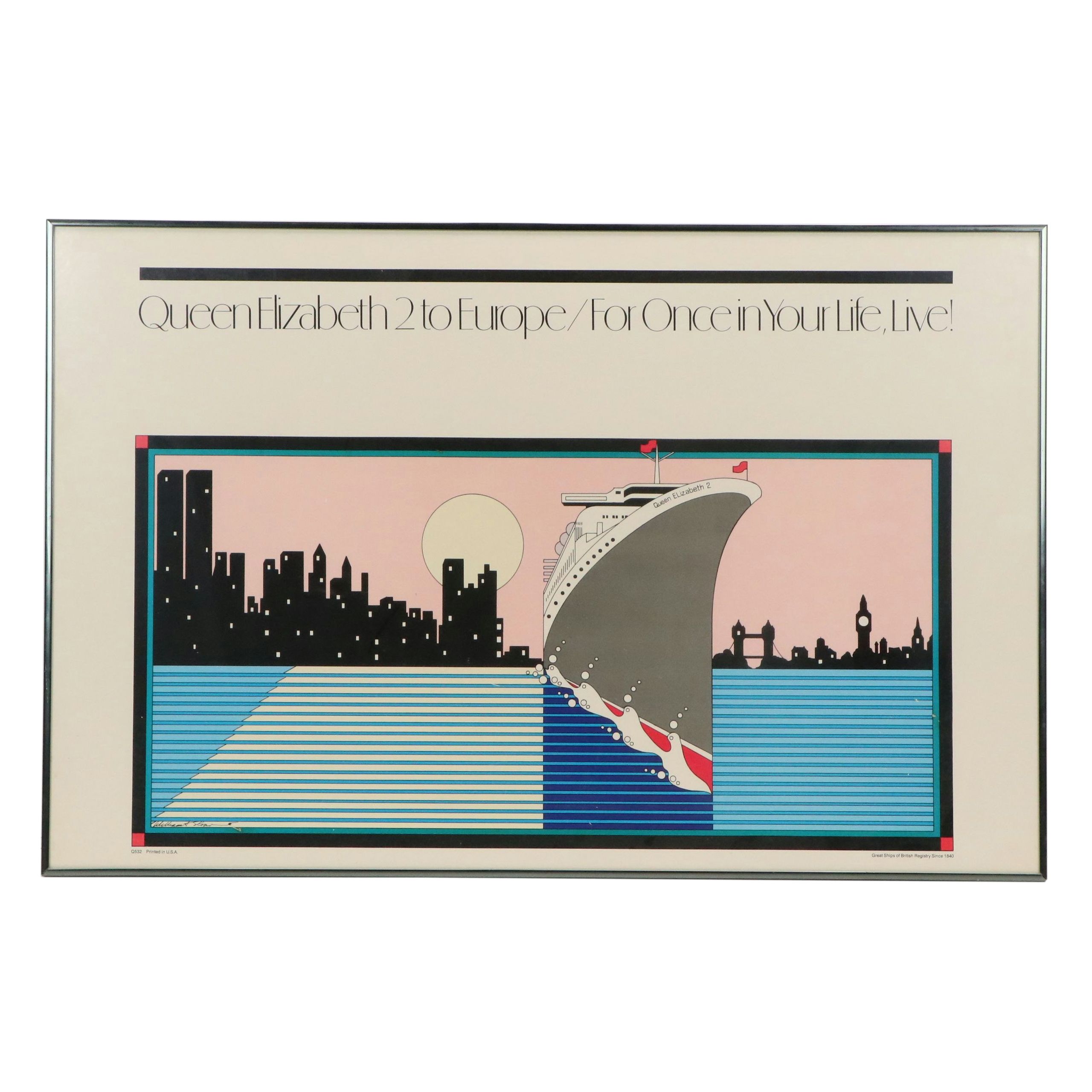 Offset Lithograph After William A. Sloan "Queen Elizabeth 2 to Europe..."