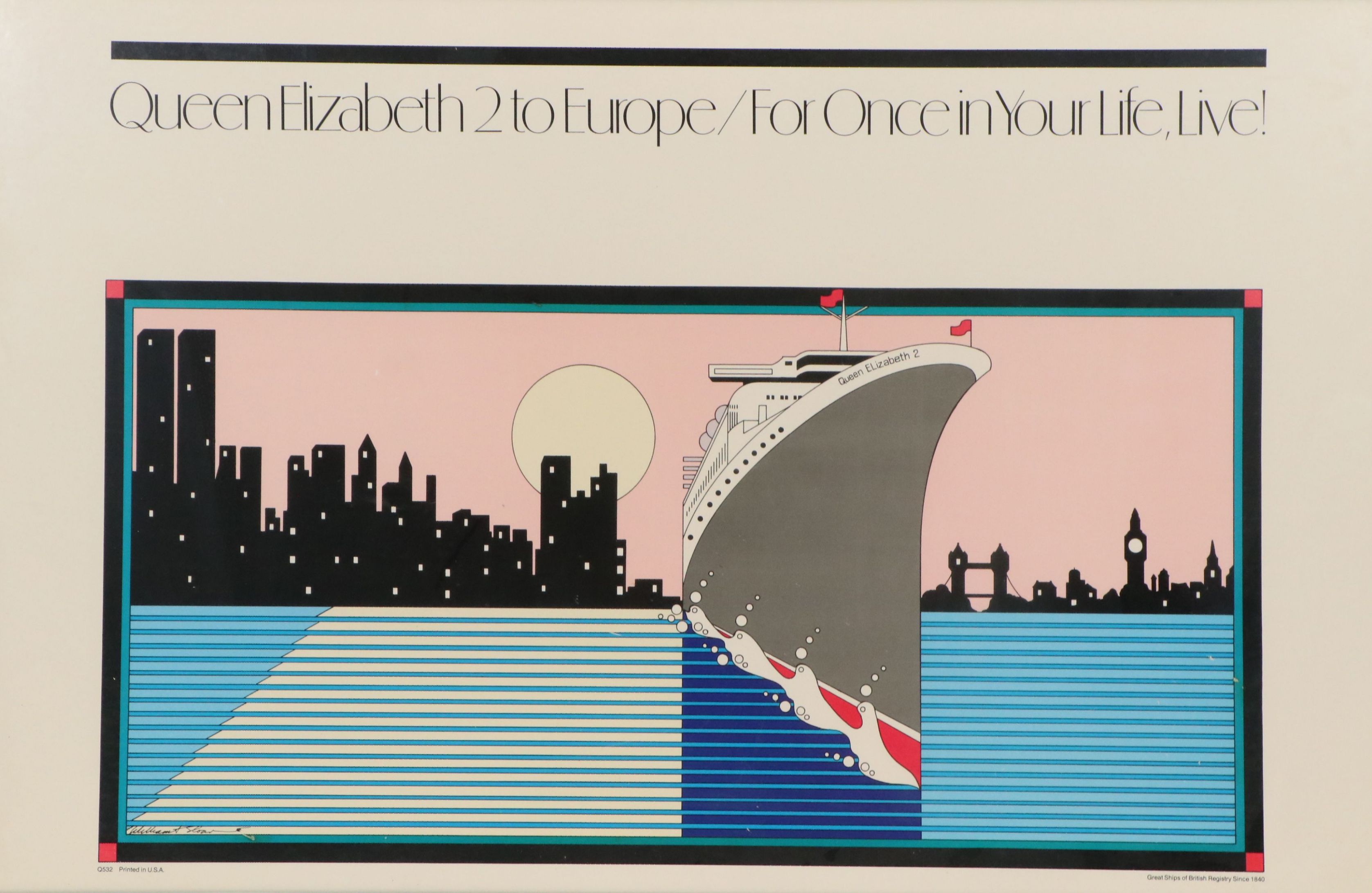 Offset Lithograph After William A. Sloan "Queen Elizabeth 2 to Europe..."
