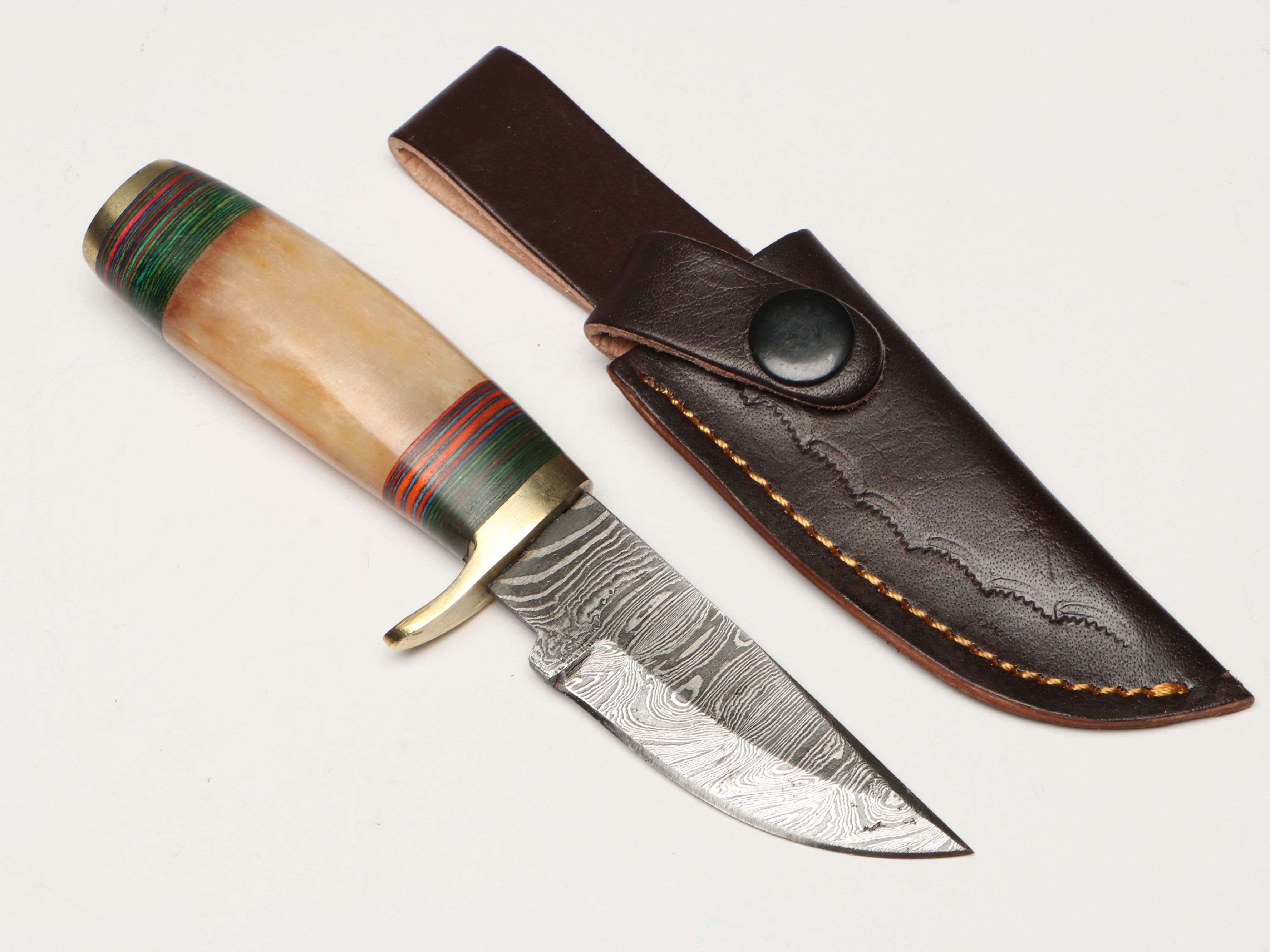 Damascus Steel Skinner and Hunting Knives in Leather Scabbards