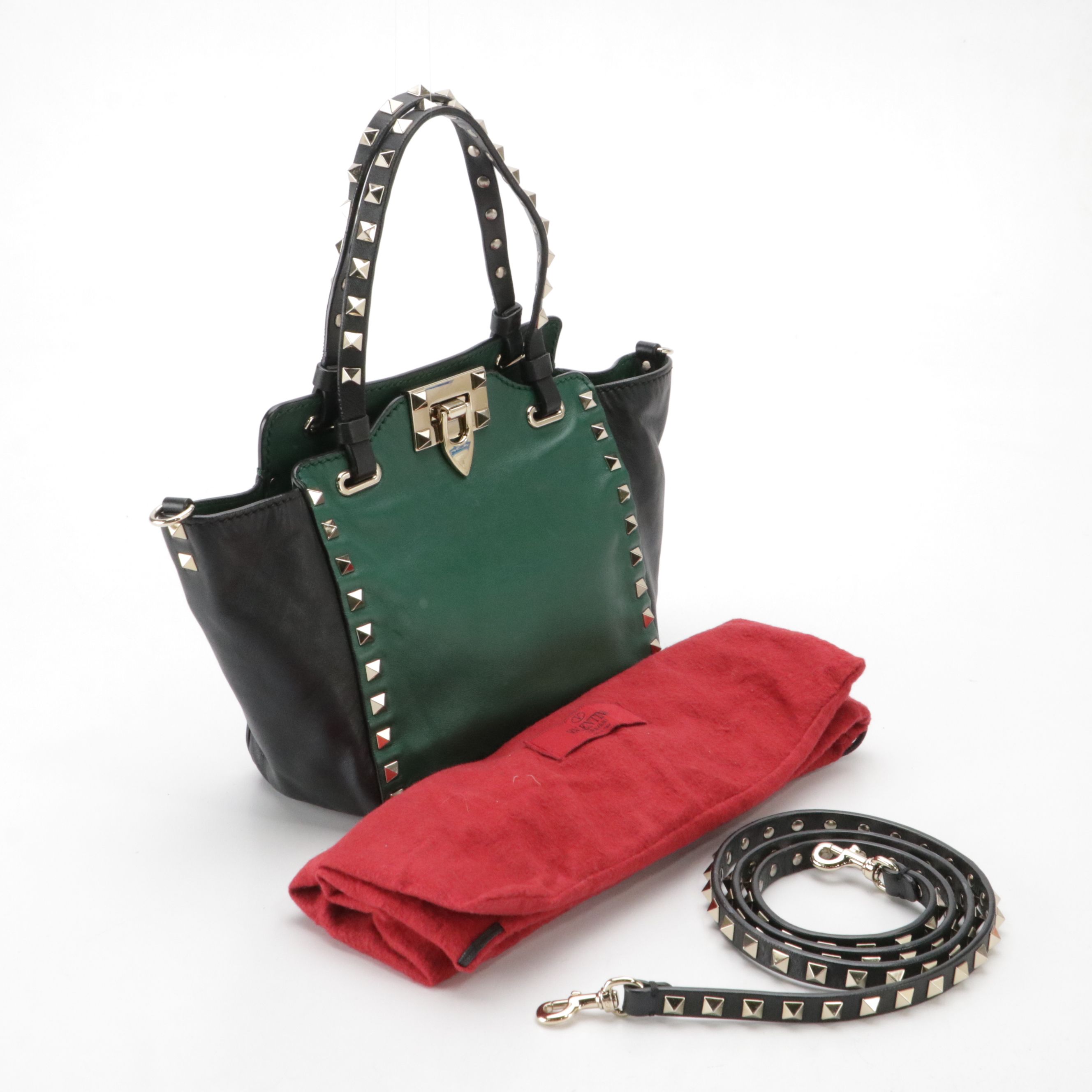 Valentino Garavani Rockstud Small Two Way Bag in Green and Black Leather