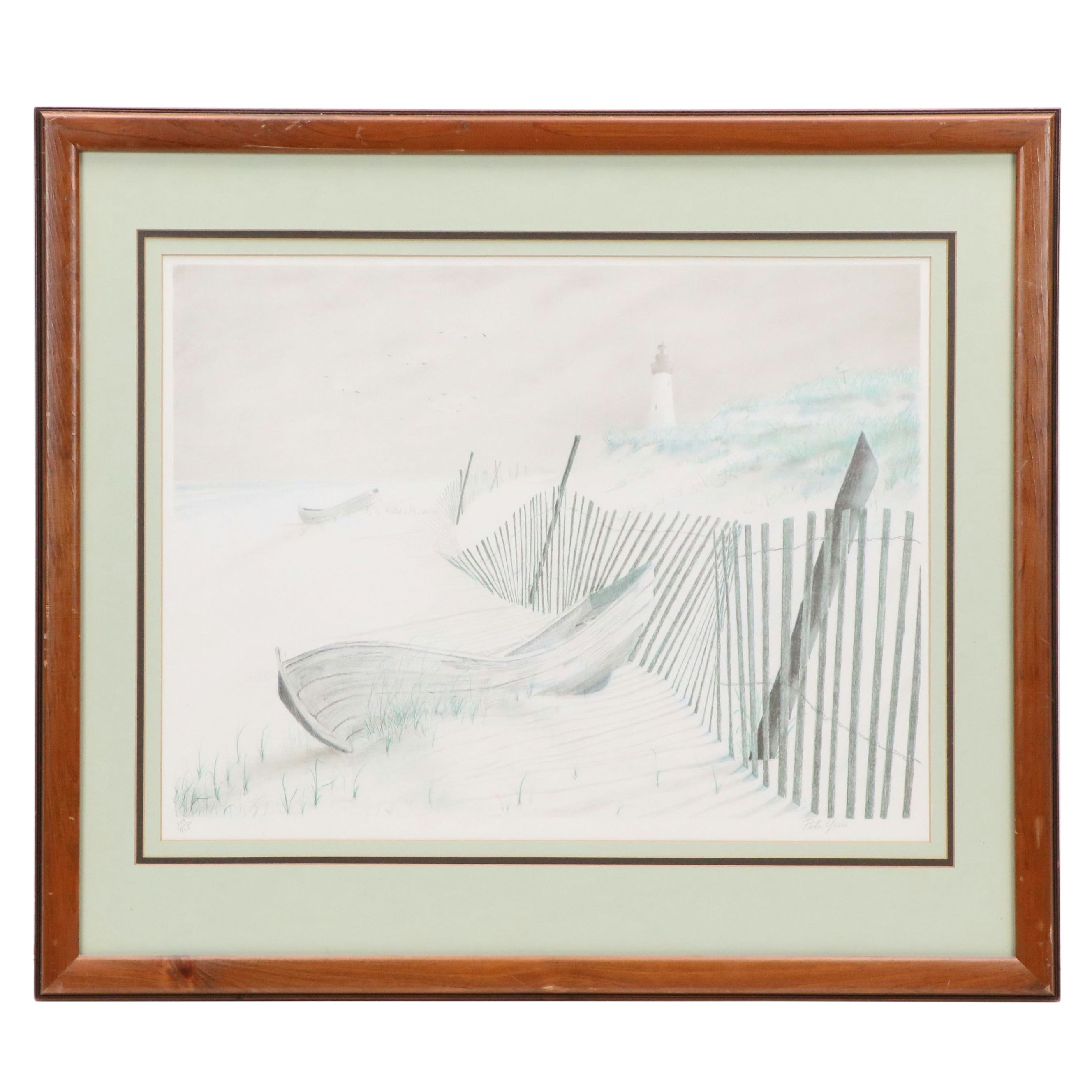 Peter Yesis Coastal Scene Lithograph of Beached Boats, Late 20th Century