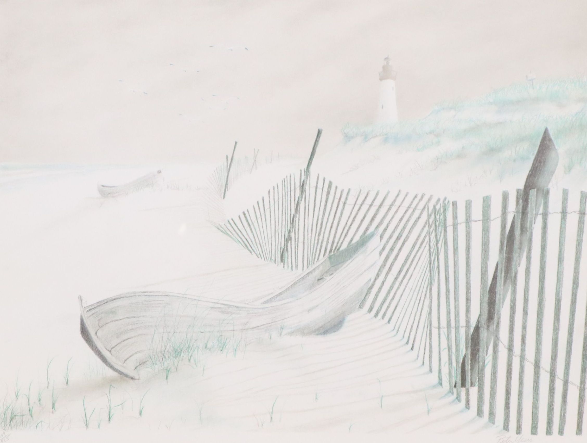 Peter Yesis Coastal Scene Lithograph of Beached Boats, Late 20th Century