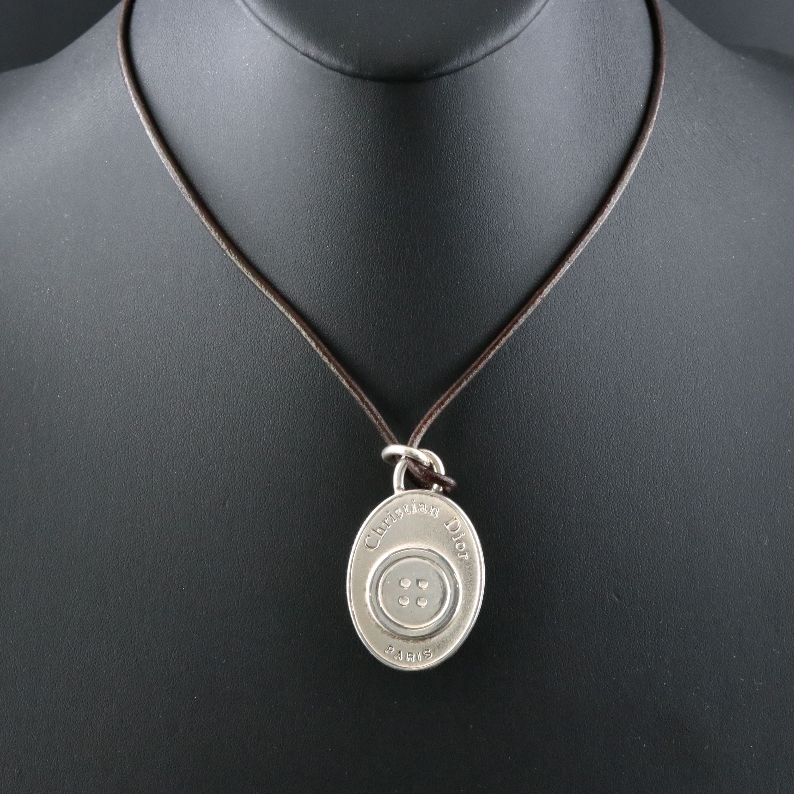 Christian Dior Sterling Oval Button Pendant Necklace