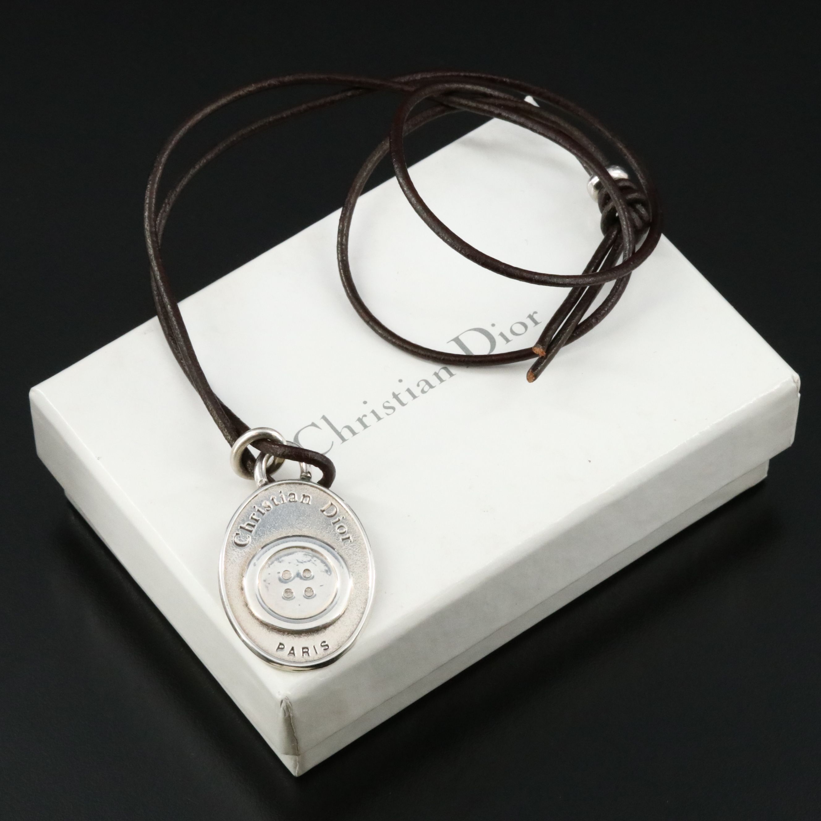 Christian Dior Sterling Oval Button Pendant Necklace