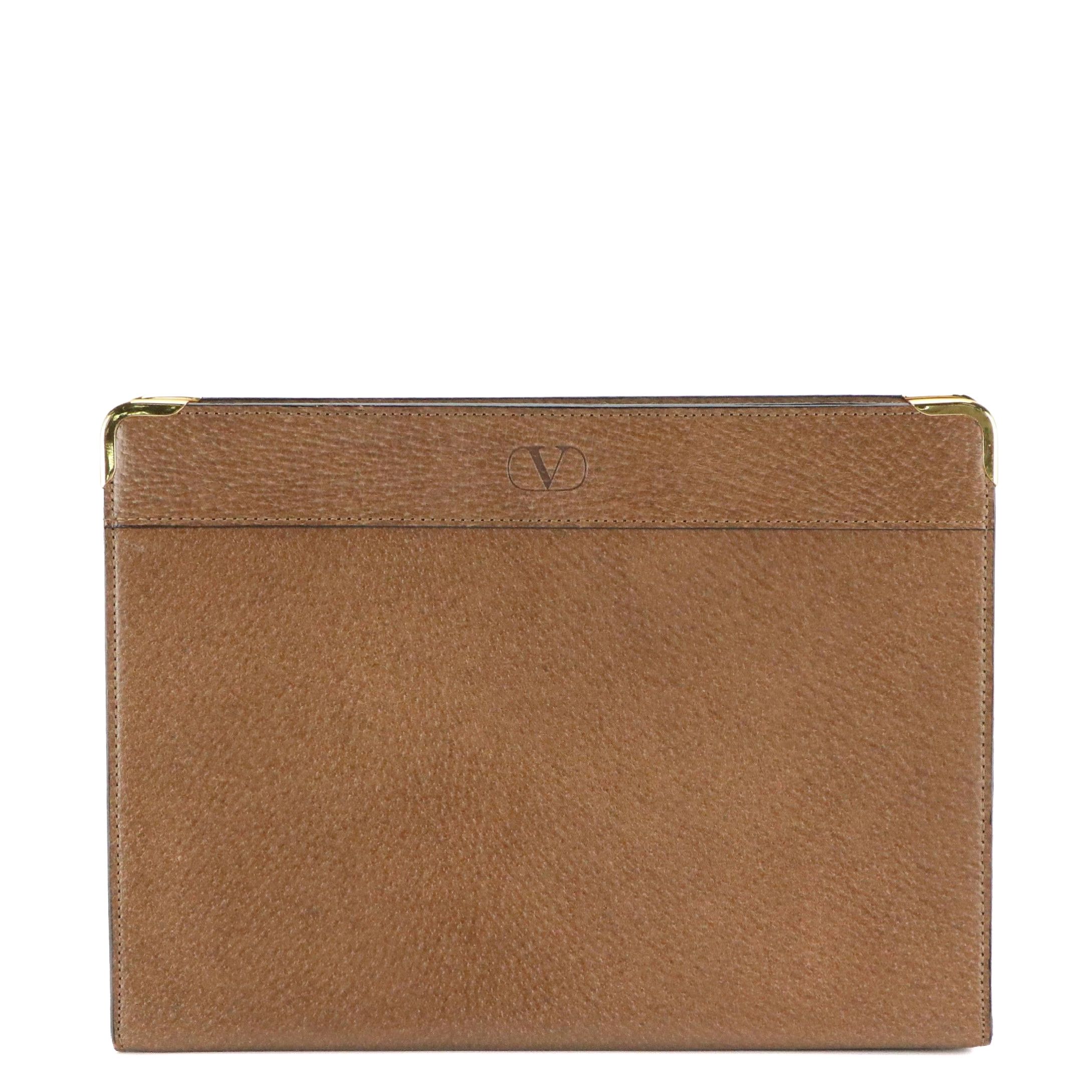 Valentino Garavani Zip Clutch in Brown Grained Leather