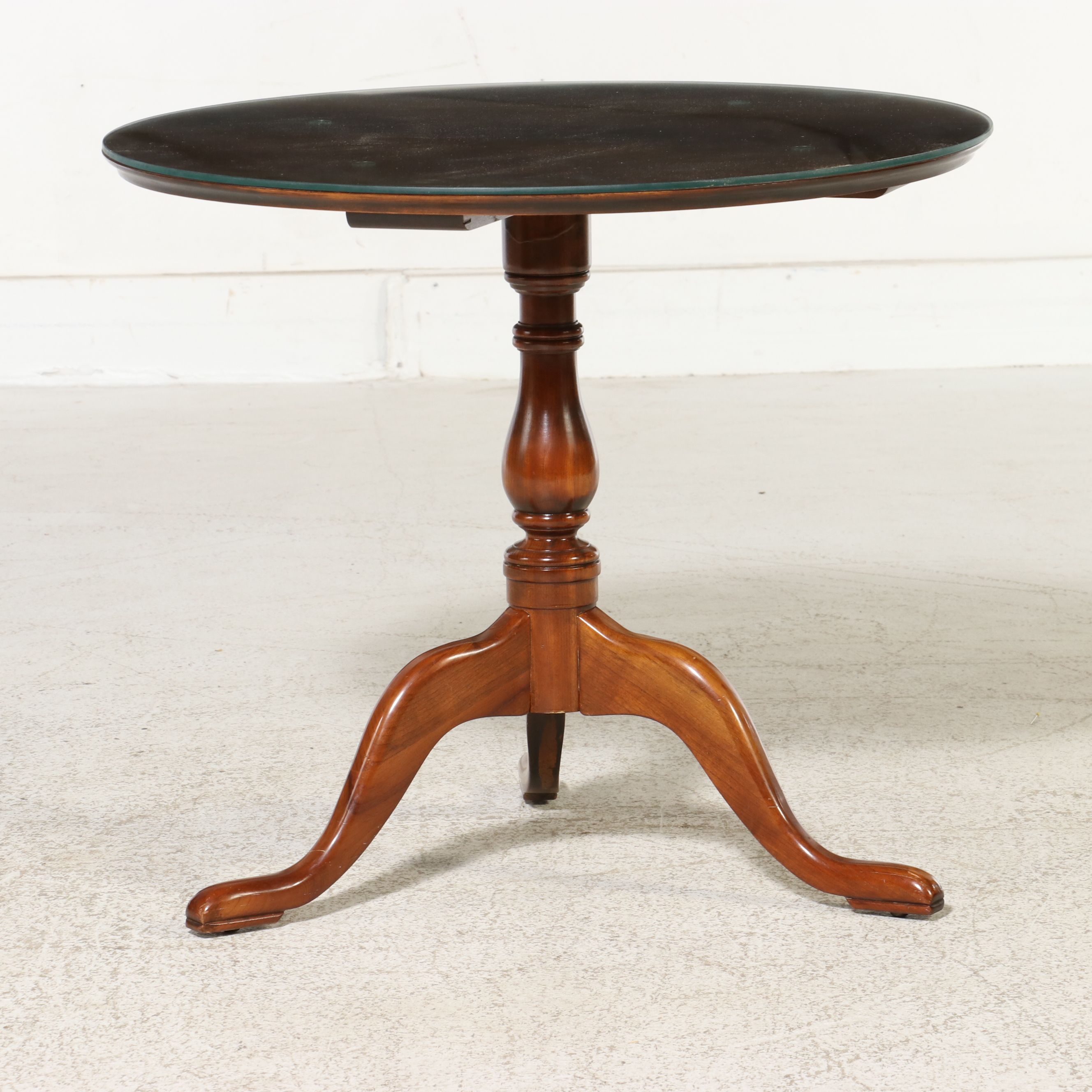 Harden Solid Cherry Pedestal Side Table with Glass Top, 20th Century