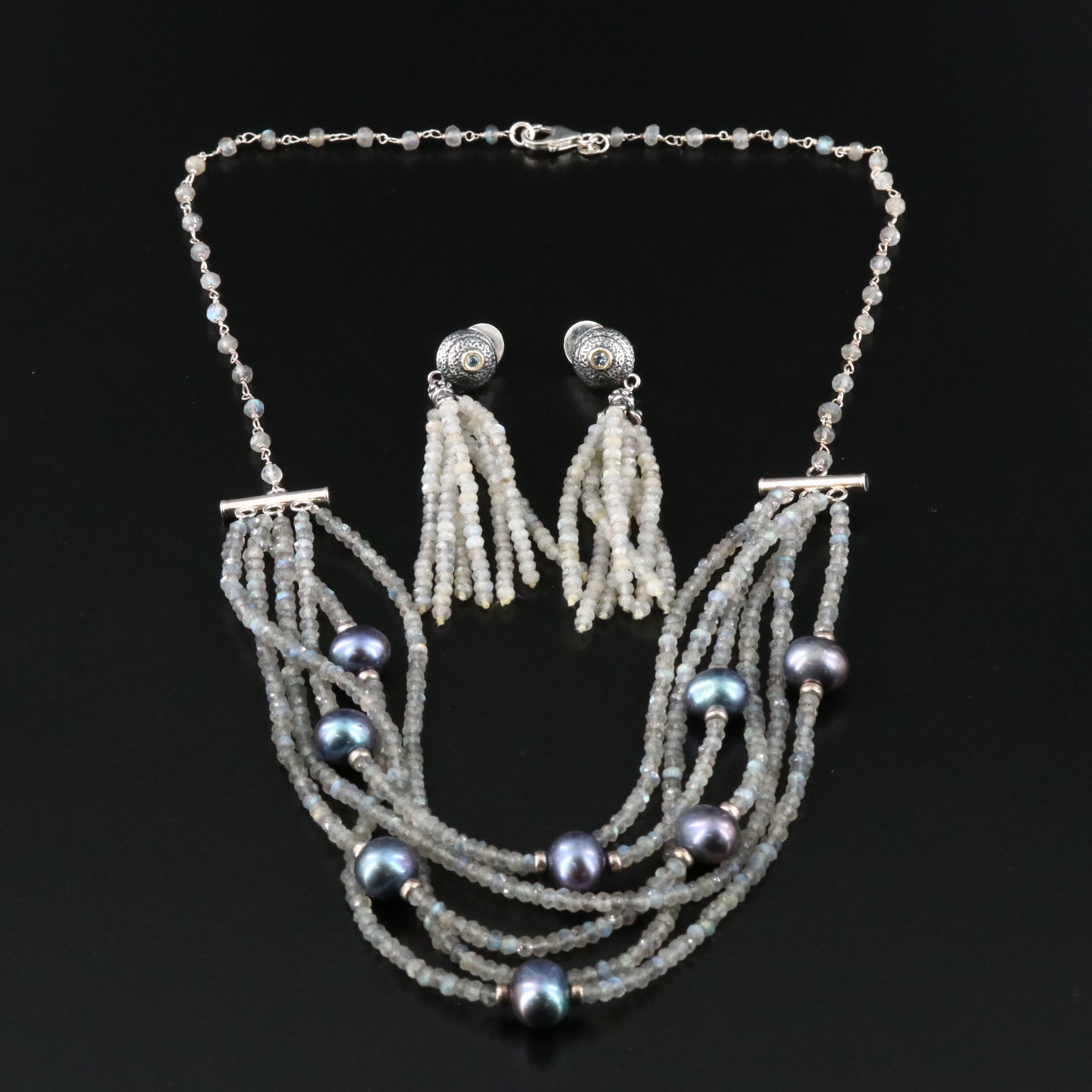 Labradorite and Pearl Sterling Tiered Necklace and Amy Kahn Russell Earrings
