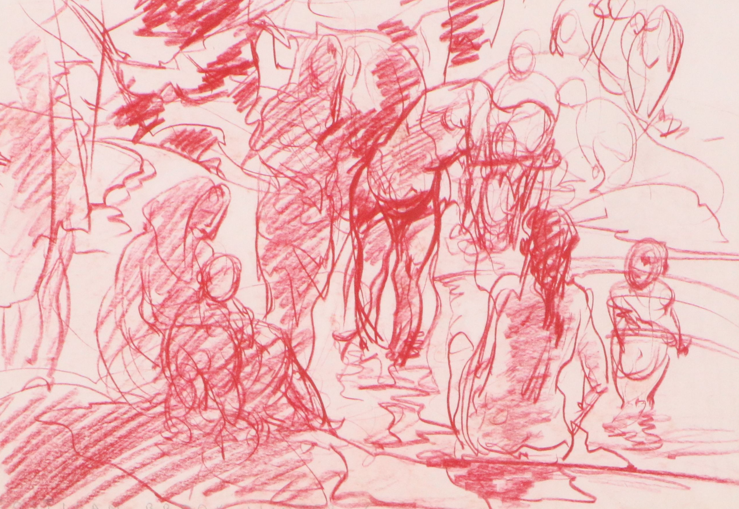 Figural Red Oil Pastel Sketch "Costigan Brook, Winter"