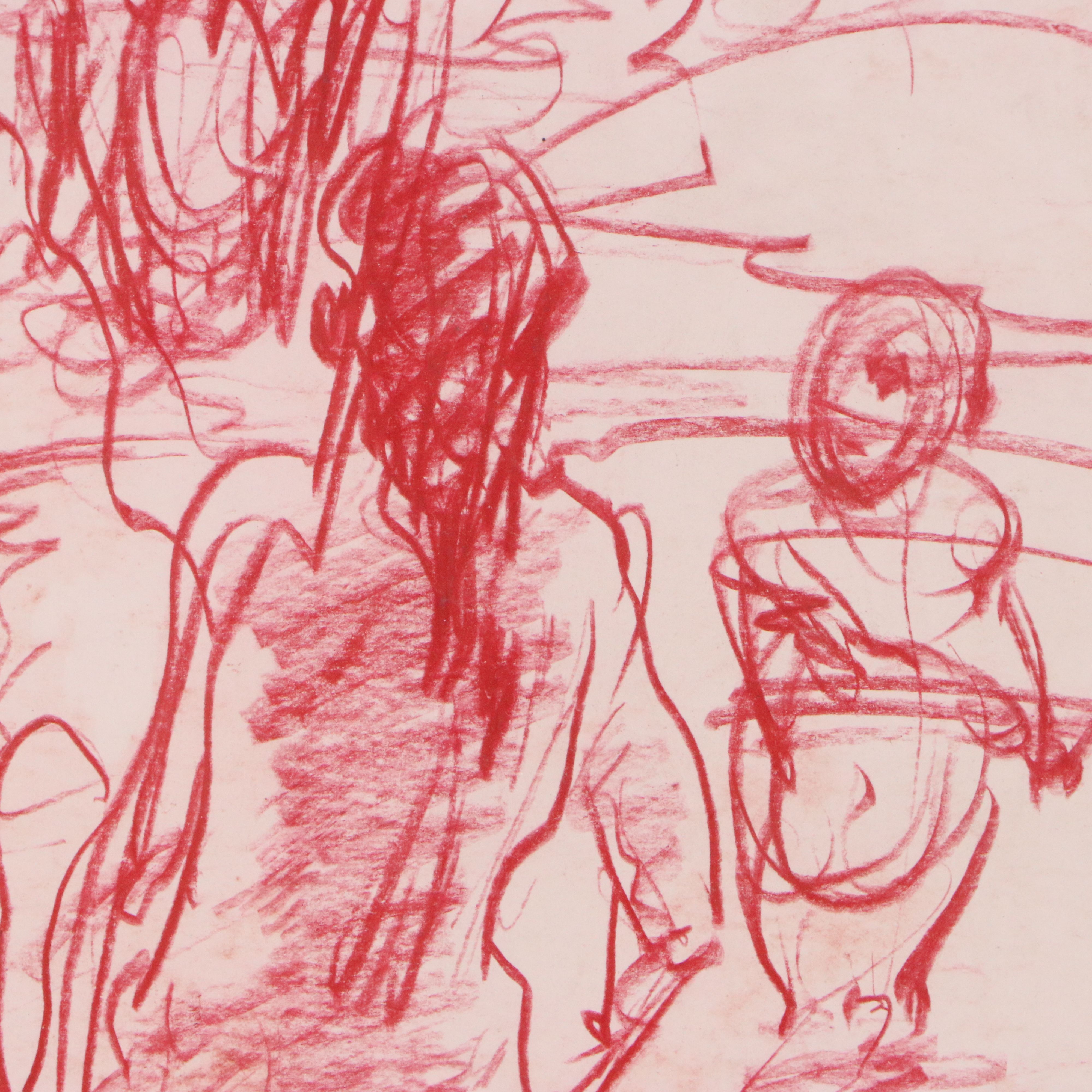 Figural Red Oil Pastel Sketch "Costigan Brook, Winter"