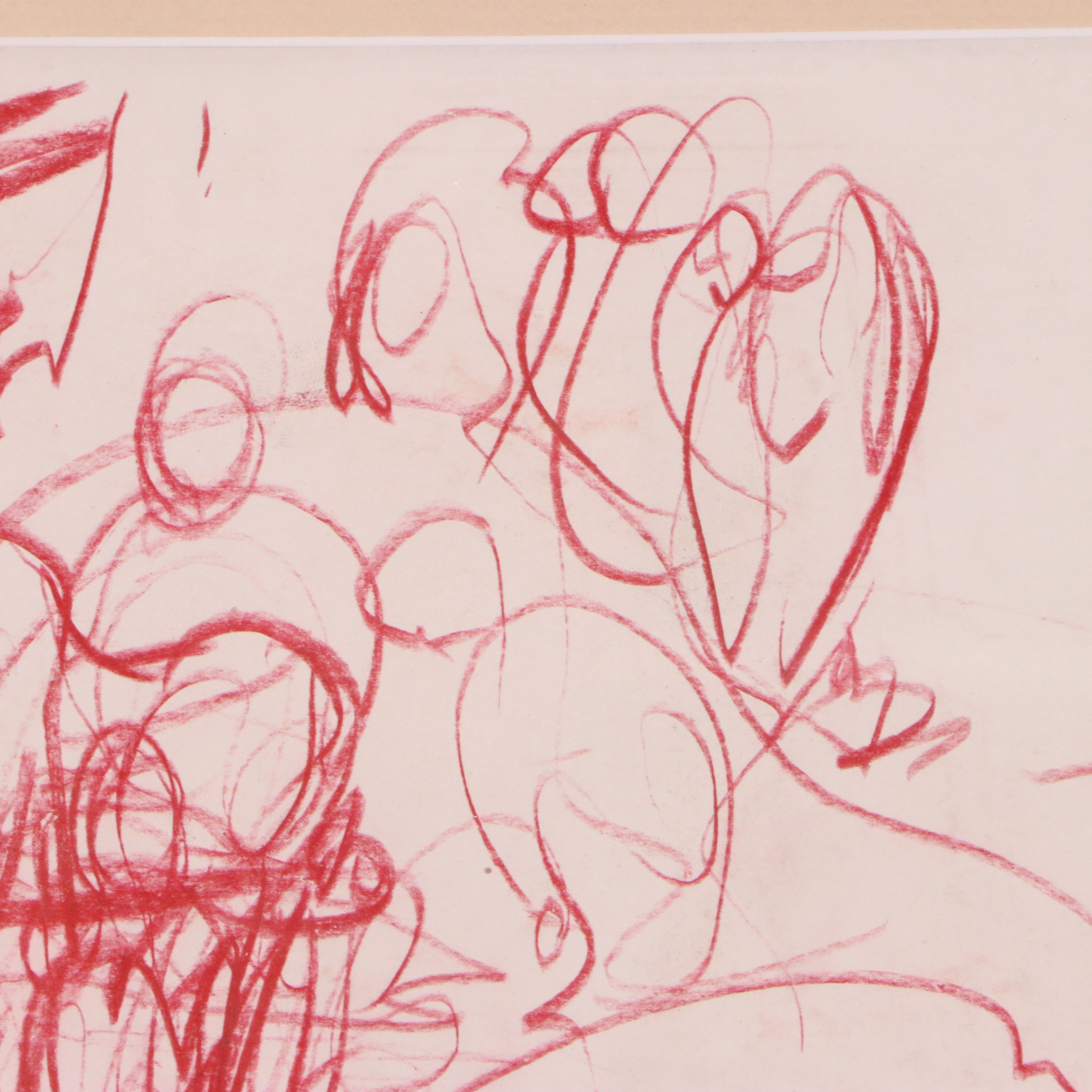 Figural Red Oil Pastel Sketch "Costigan Brook, Winter"