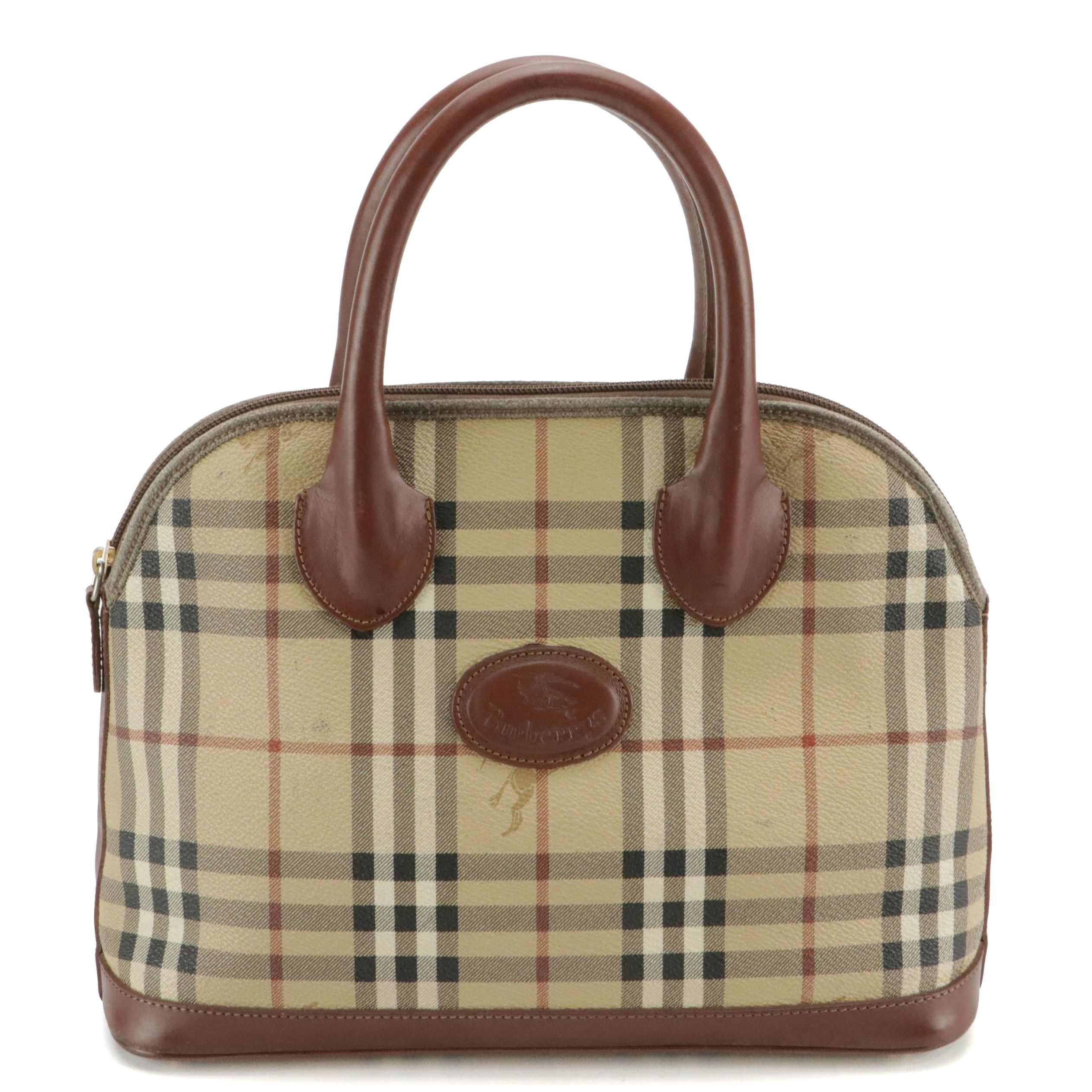 Burberrys Top Handle Dome Satchel Bag in Haymarket Check Canvas and Leather