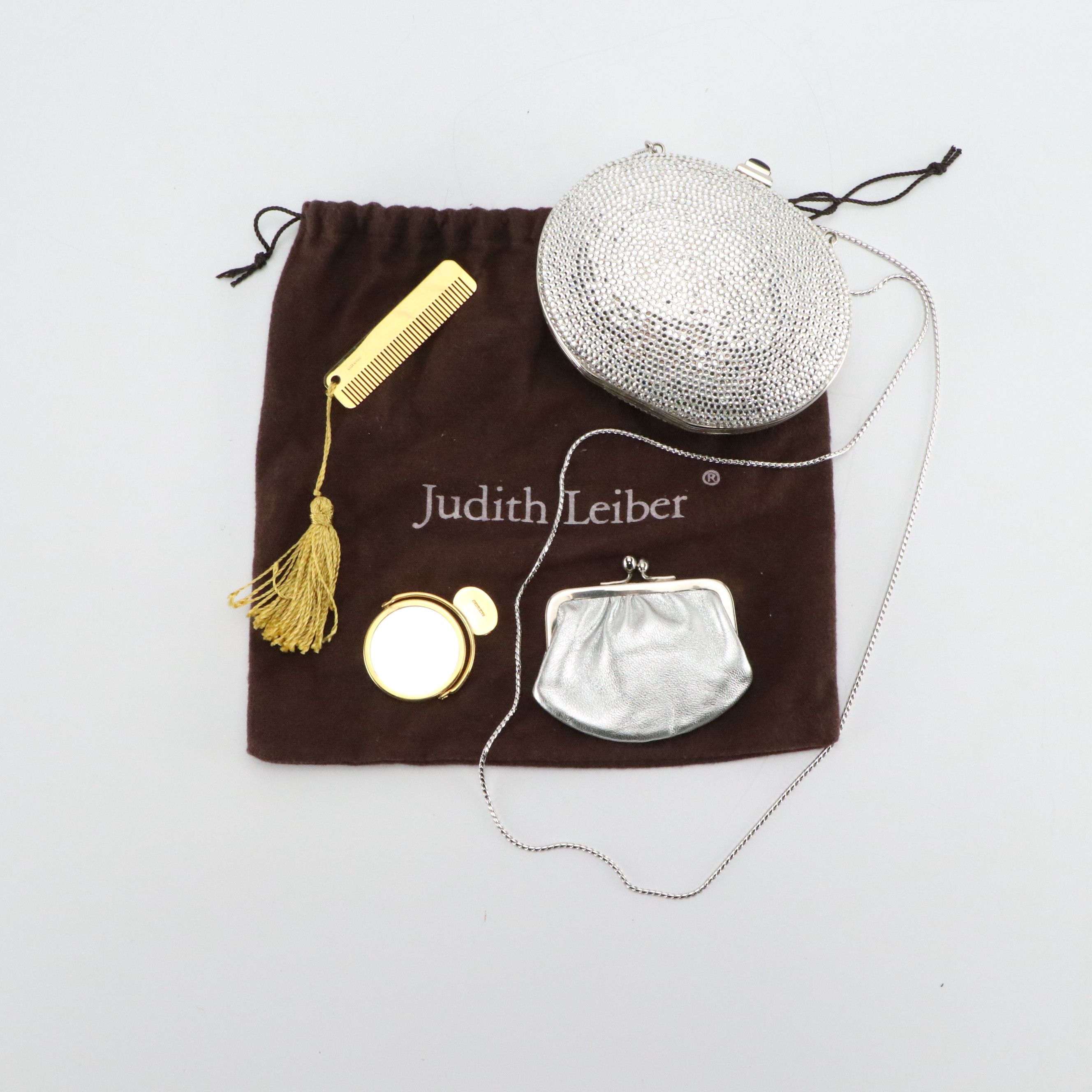 Judith Leiber Crystal Minaudière with Gemstone Clasp and Accessories