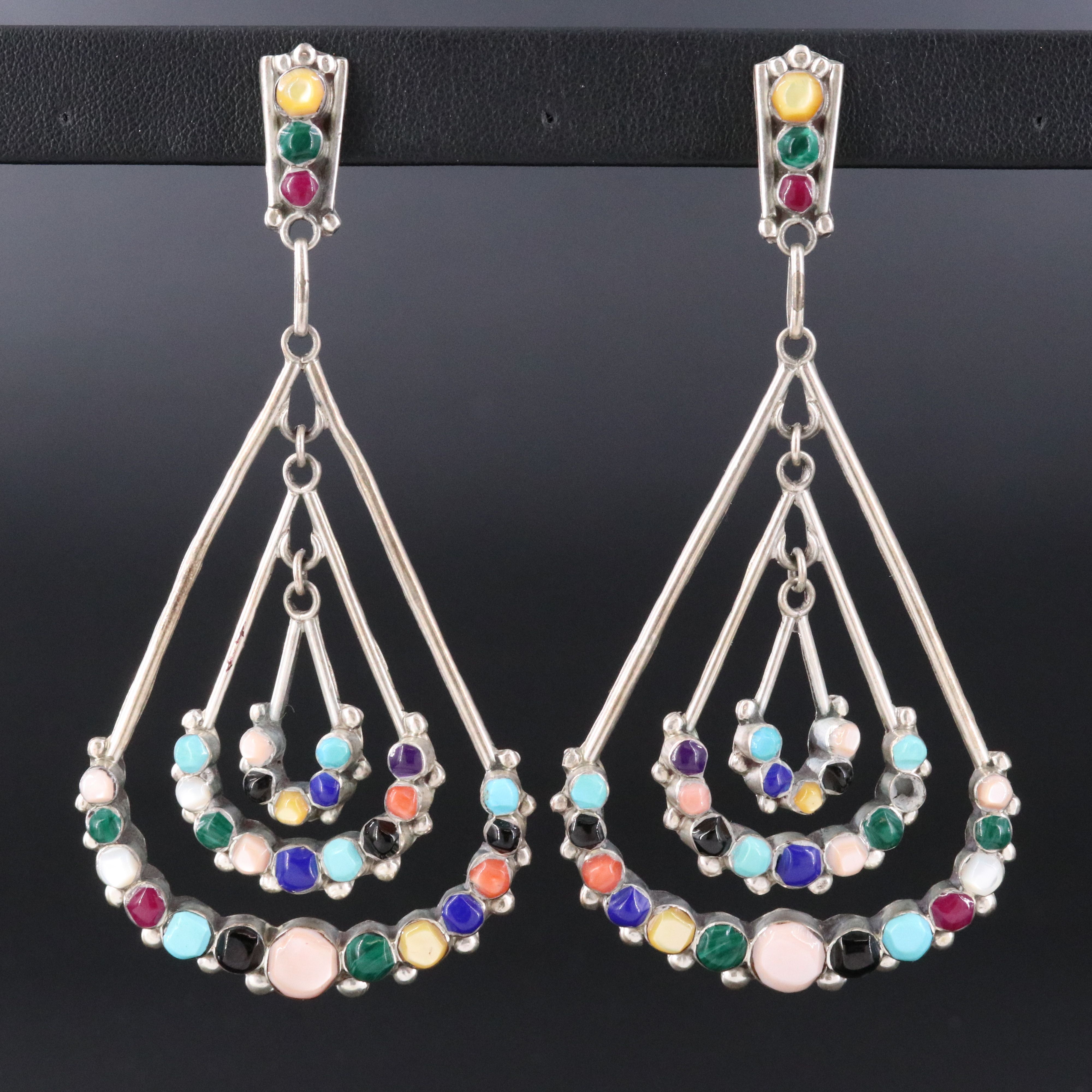 Sterling Tiered Earrings Featuring Coral, Mother-of-Pearl and Faux Malachite