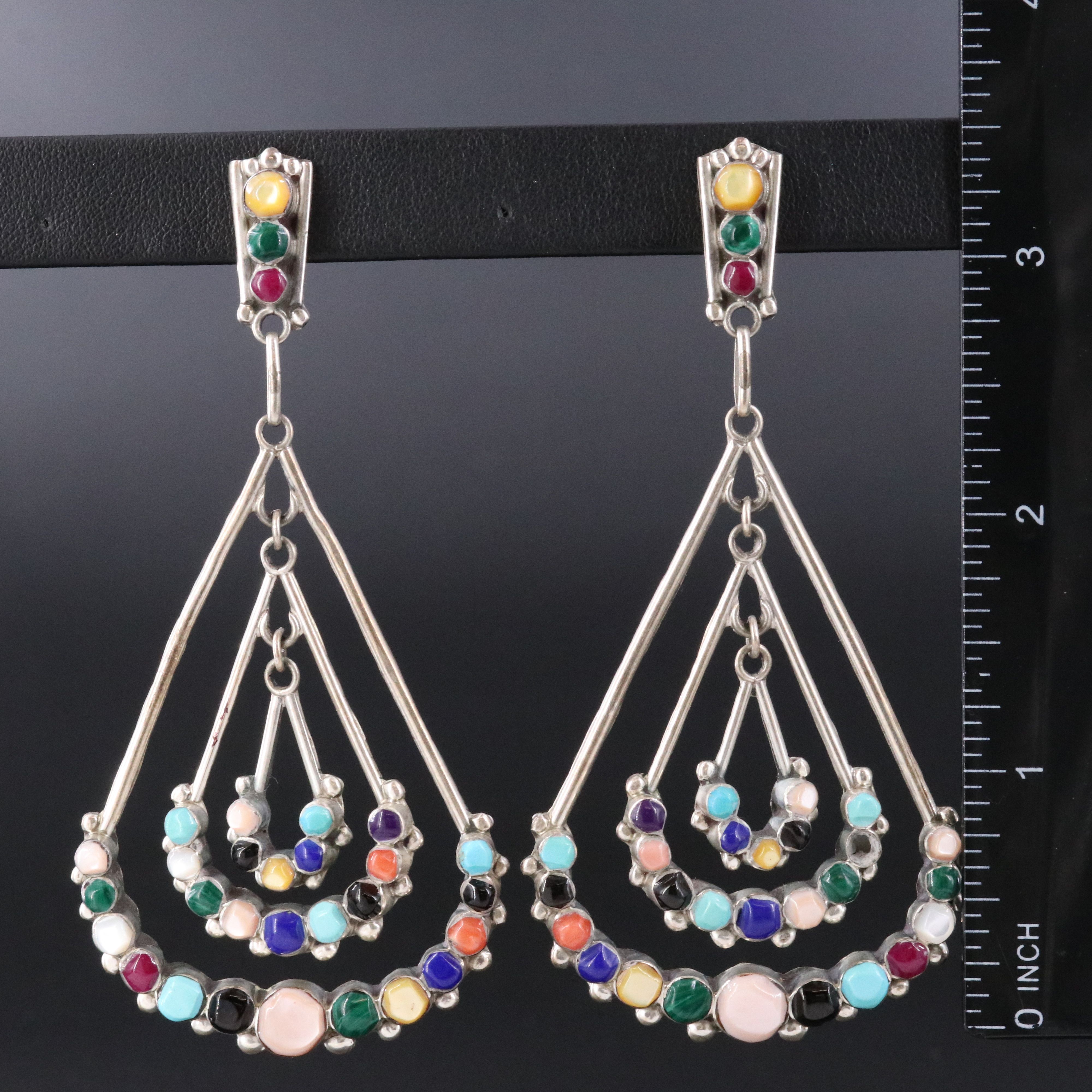 Sterling Tiered Earrings Featuring Coral, Mother-of-Pearl and Faux Malachite