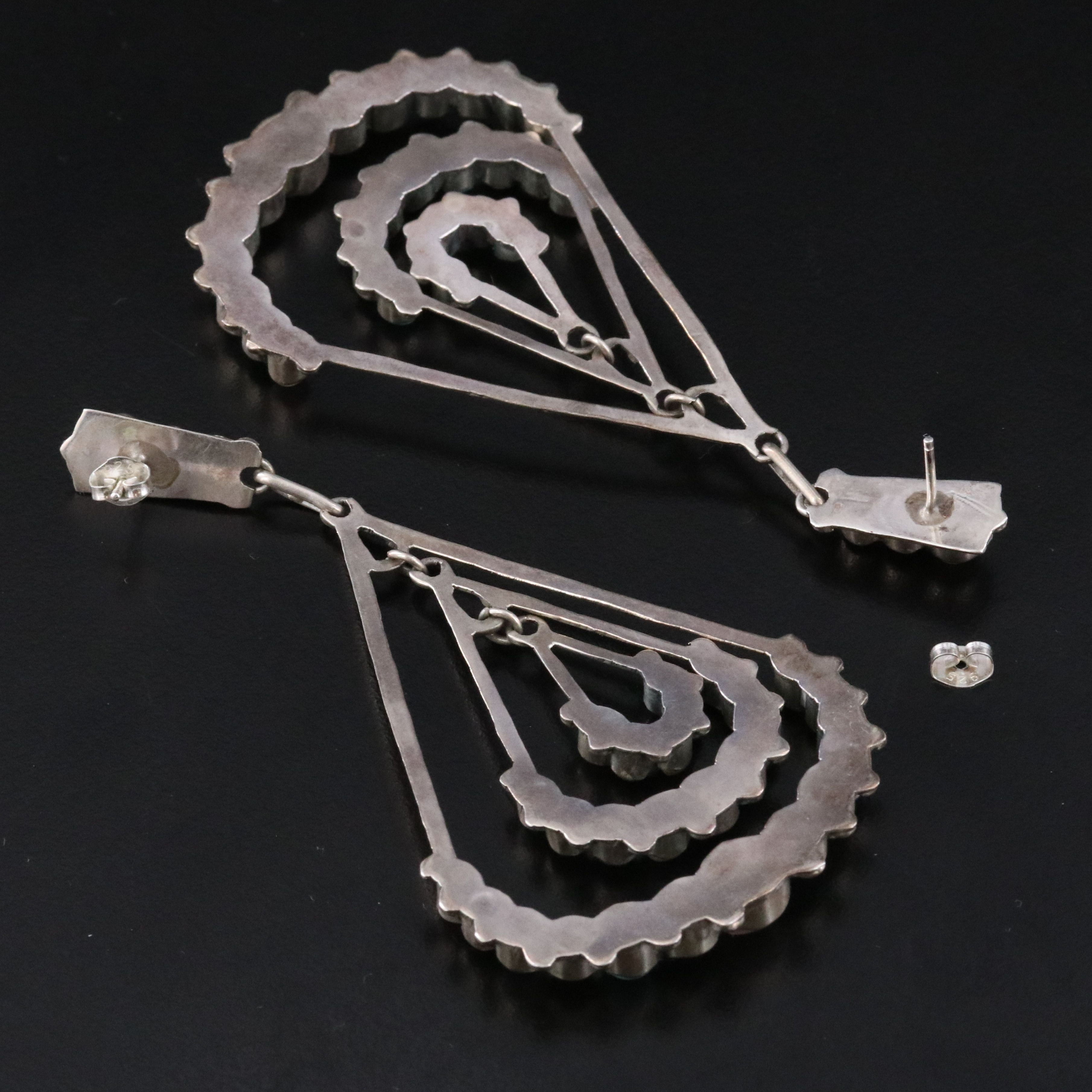 Sterling Tiered Earrings Featuring Coral, Mother-of-Pearl and Faux Malachite