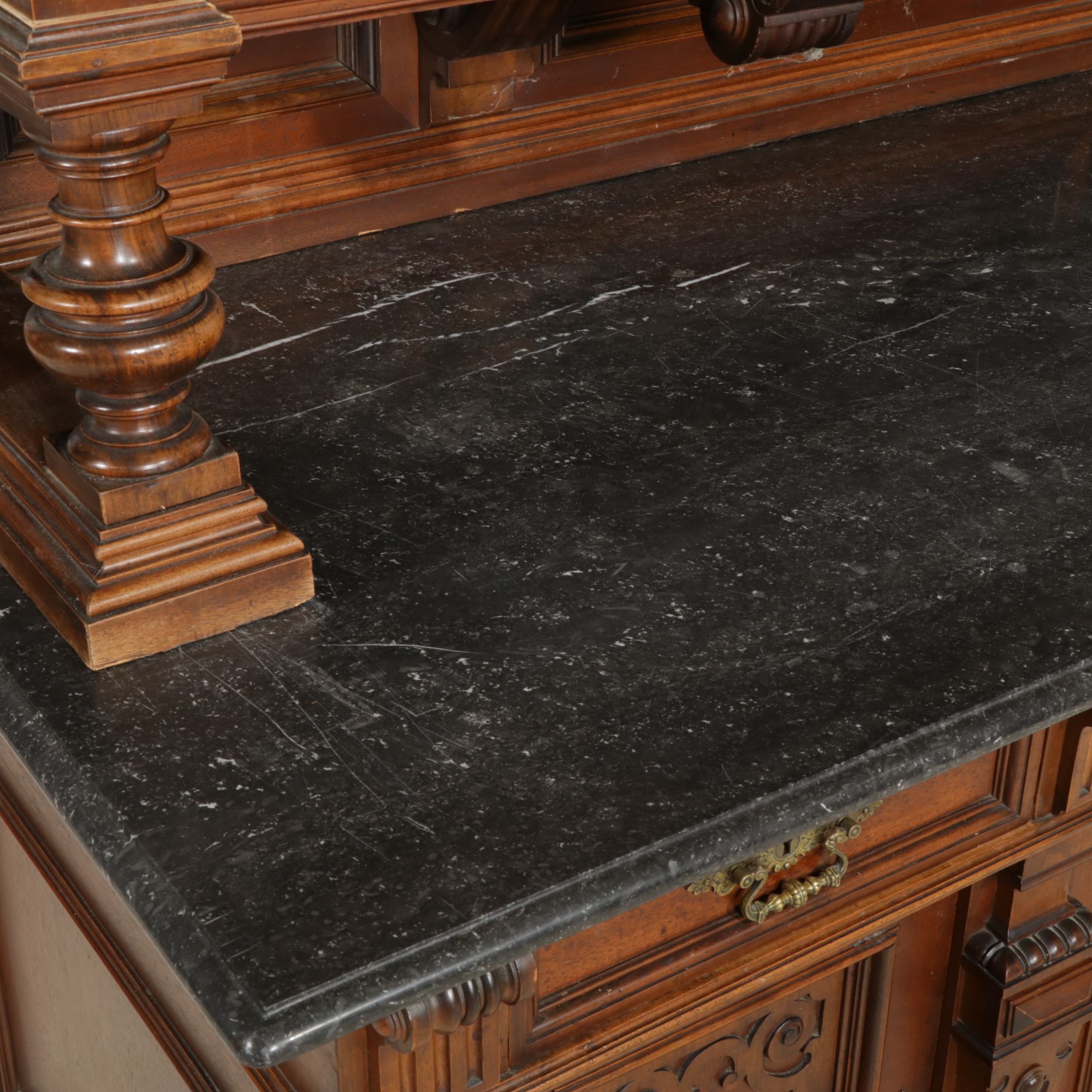 Victorian Walnut Marble Top Sideboard and Hutch, Early 20th Century
