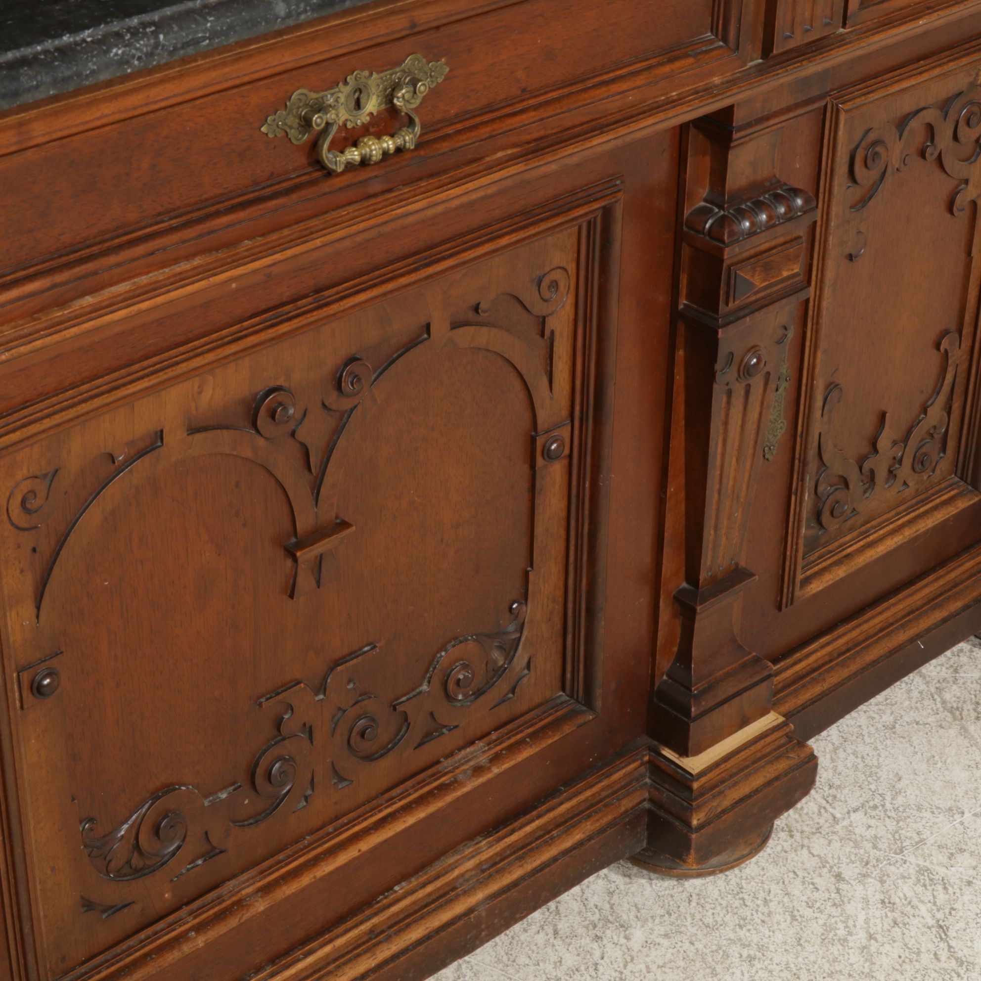 Victorian Walnut Marble Top Sideboard and Hutch, Early 20th Century