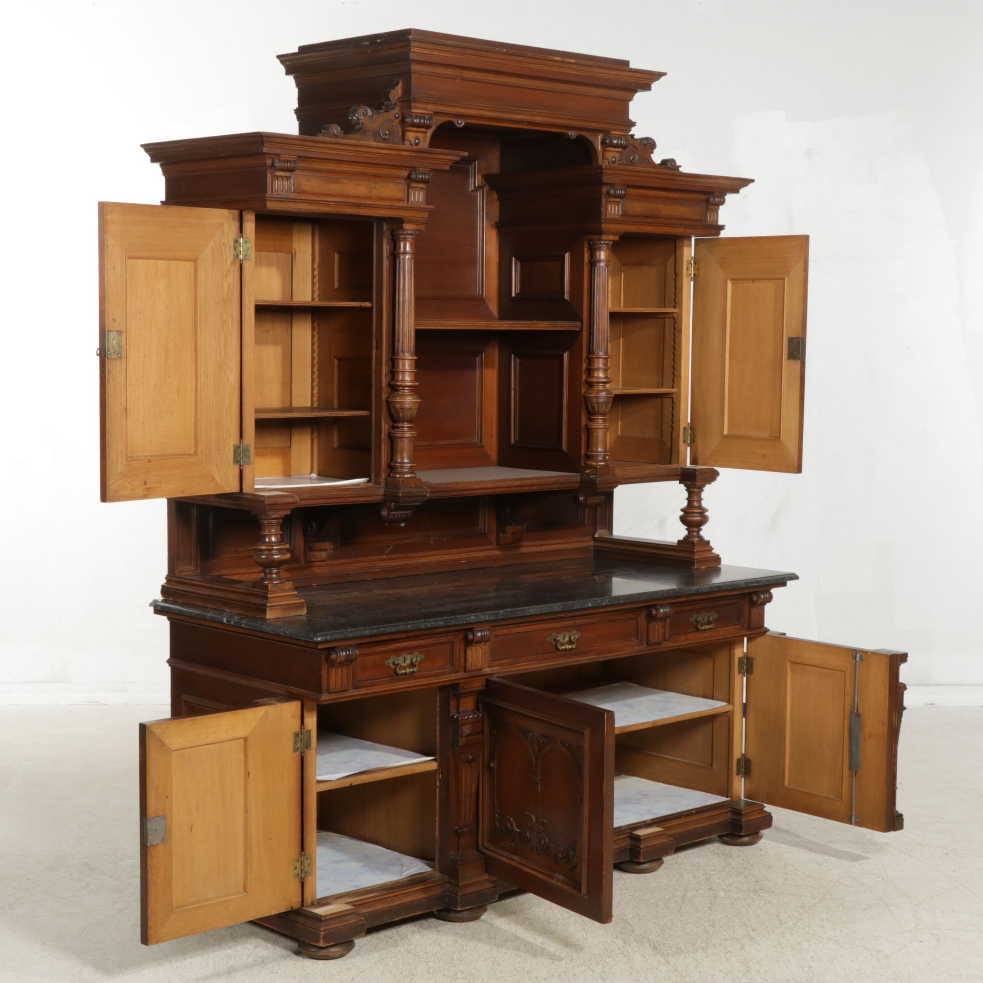 Victorian Walnut Marble Top Sideboard and Hutch, Early 20th Century