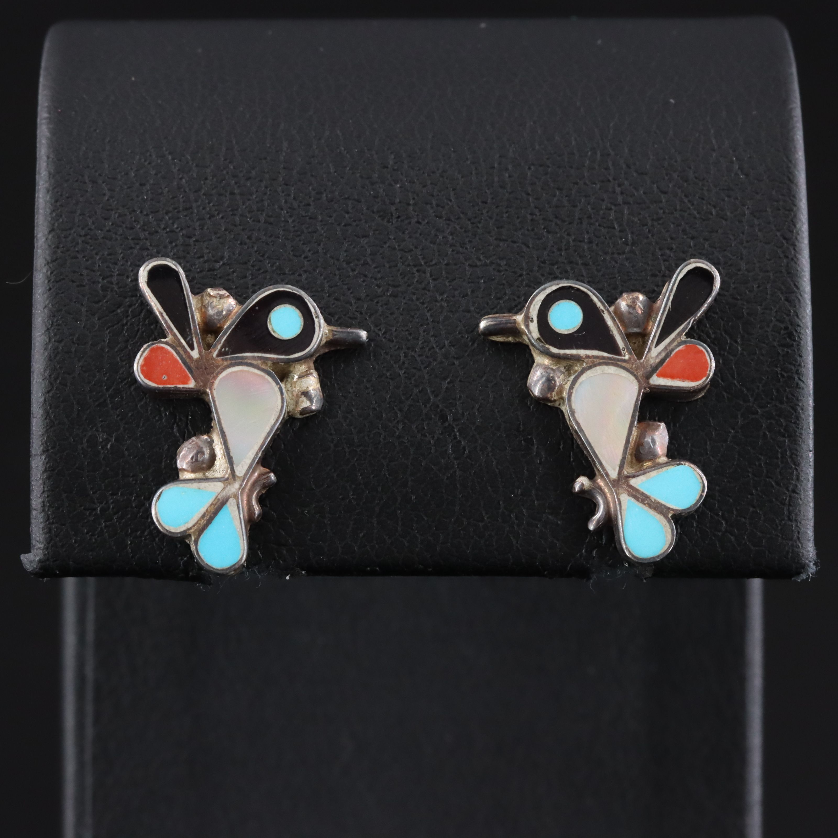 Sterling Mother-of-Pearl, Coral, and Horn Inlay Bird Earrings