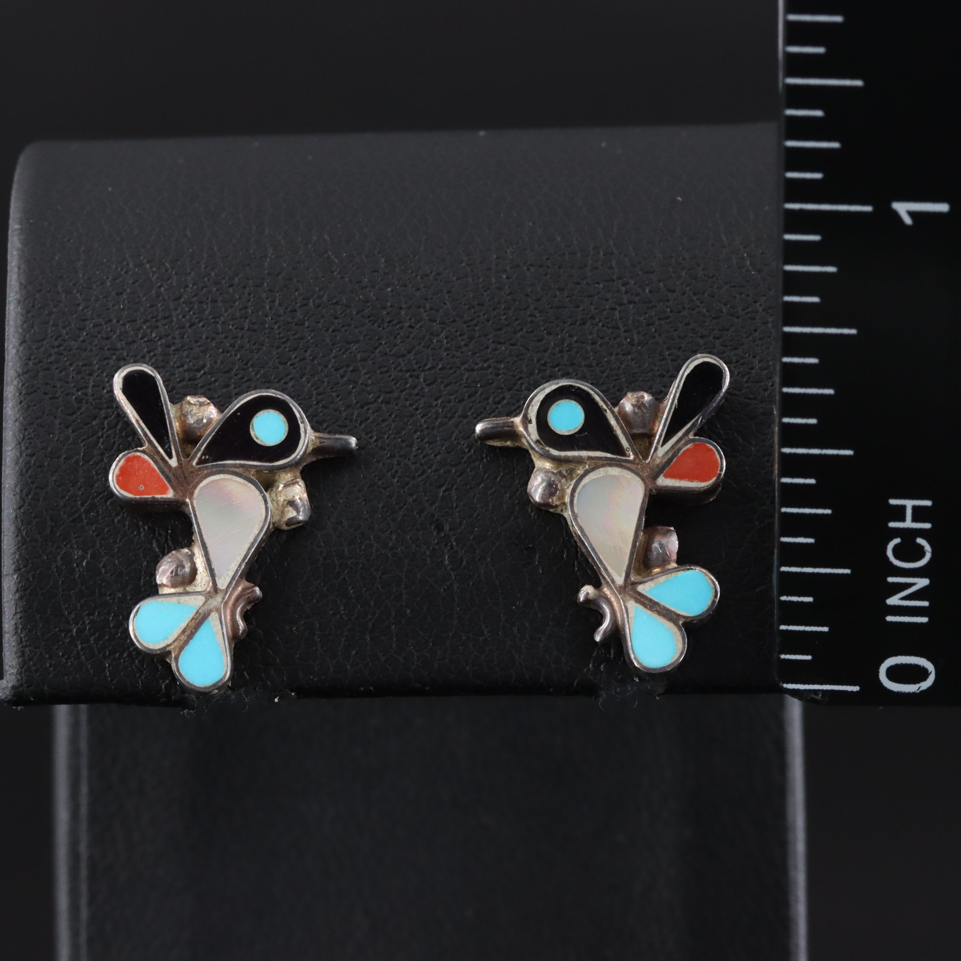 Sterling Mother-of-Pearl, Coral, and Horn Inlay Bird Earrings