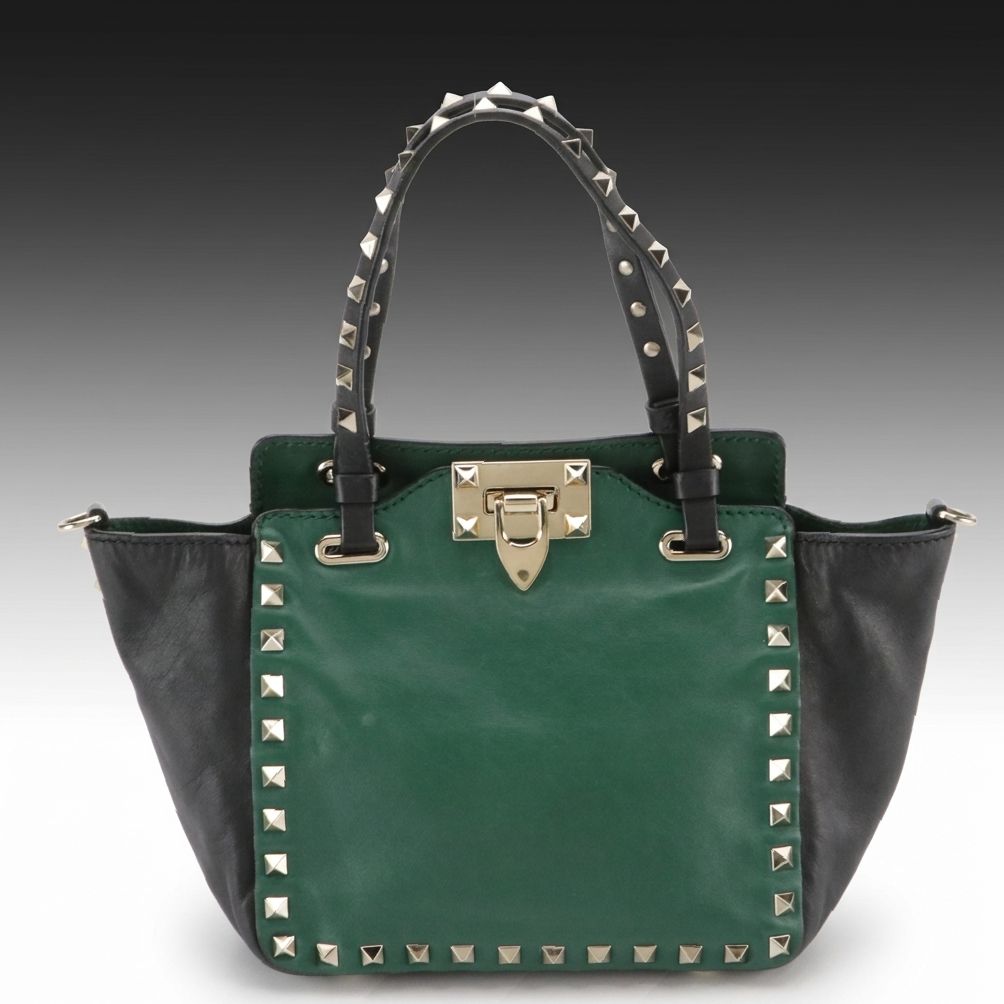 Valentino Garavani Rockstud Small Two Way Bag in Green and Black Leather