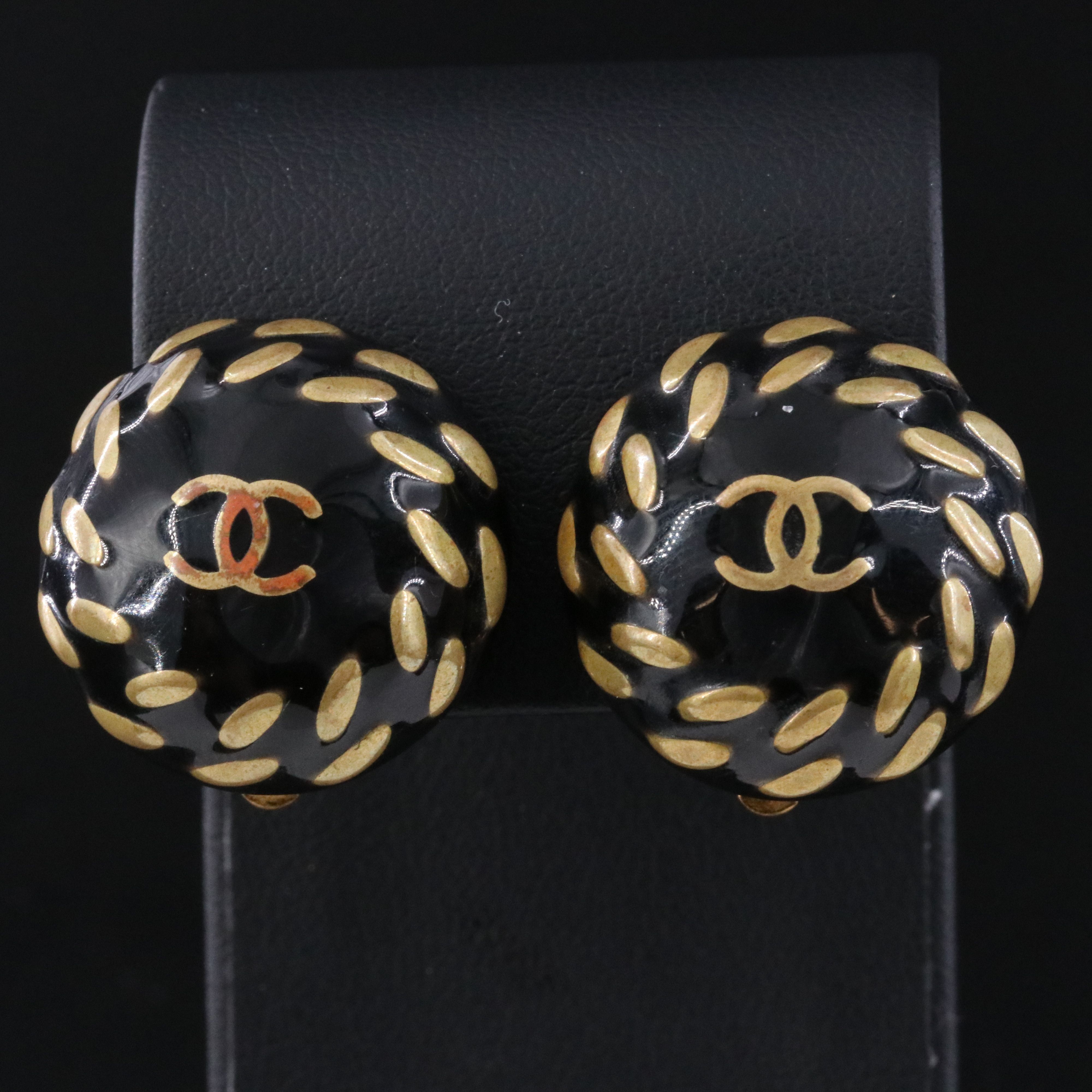 Chanel CC Black Enamel Dome Clip Earrings 1997
