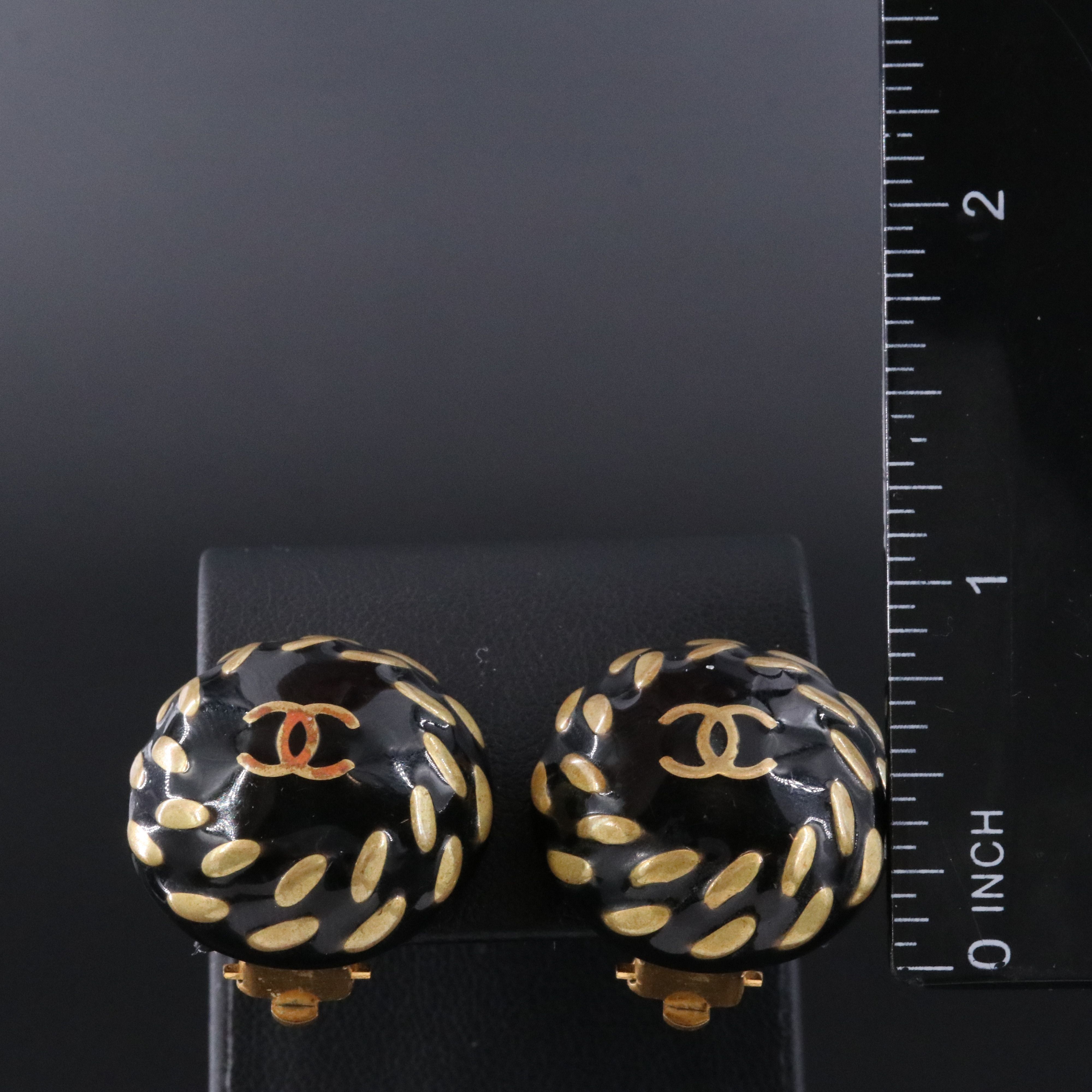 Chanel CC Black Enamel Dome Clip Earrings 1997