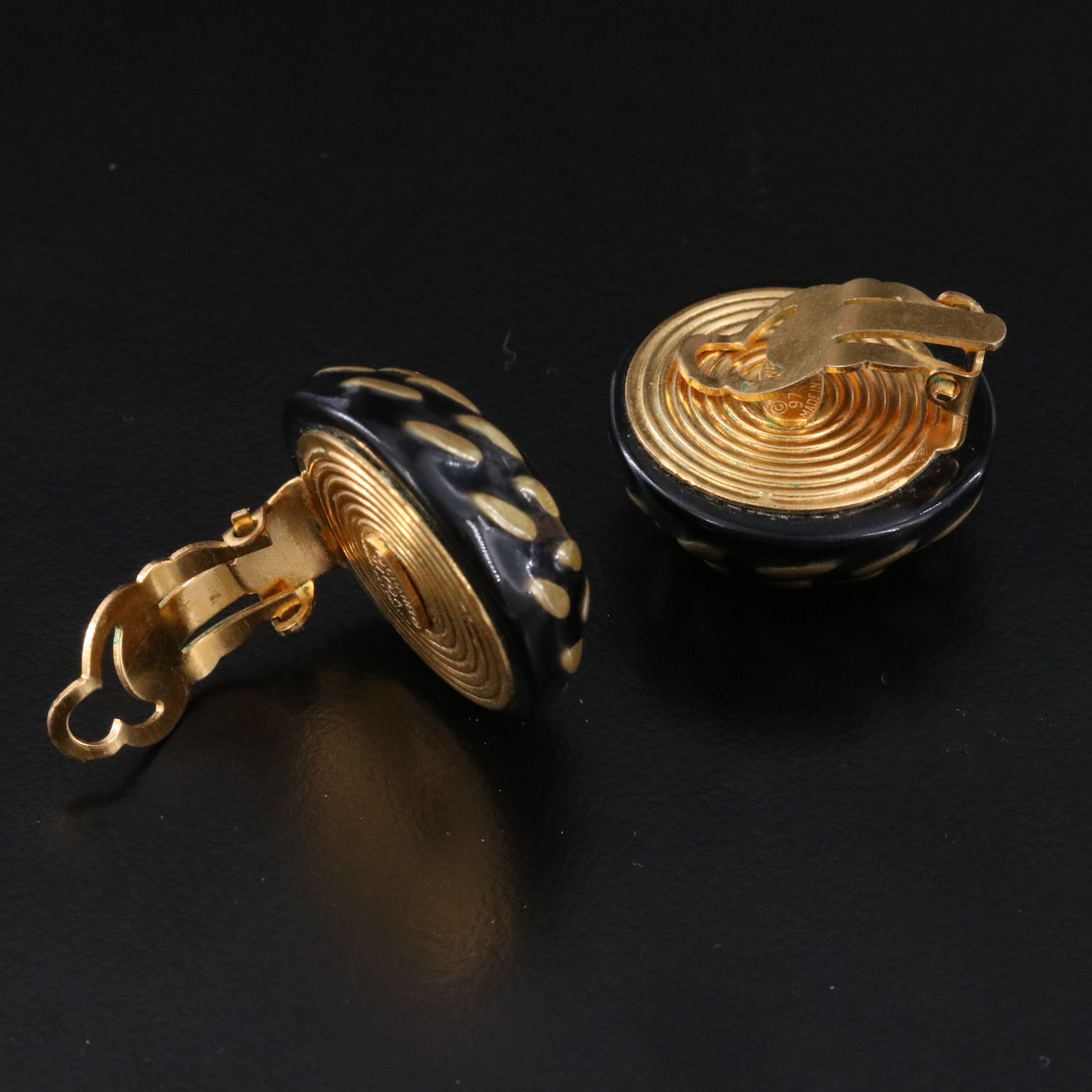 Chanel CC Black Enamel Dome Clip Earrings 1997