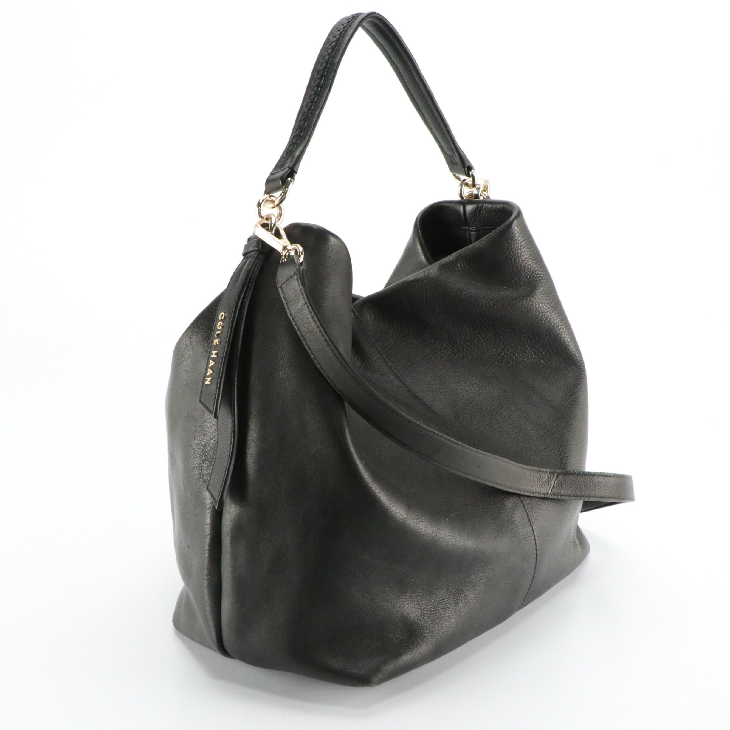 Cole Haan Black Grained Leather Two-Way Hobo Tote Bag