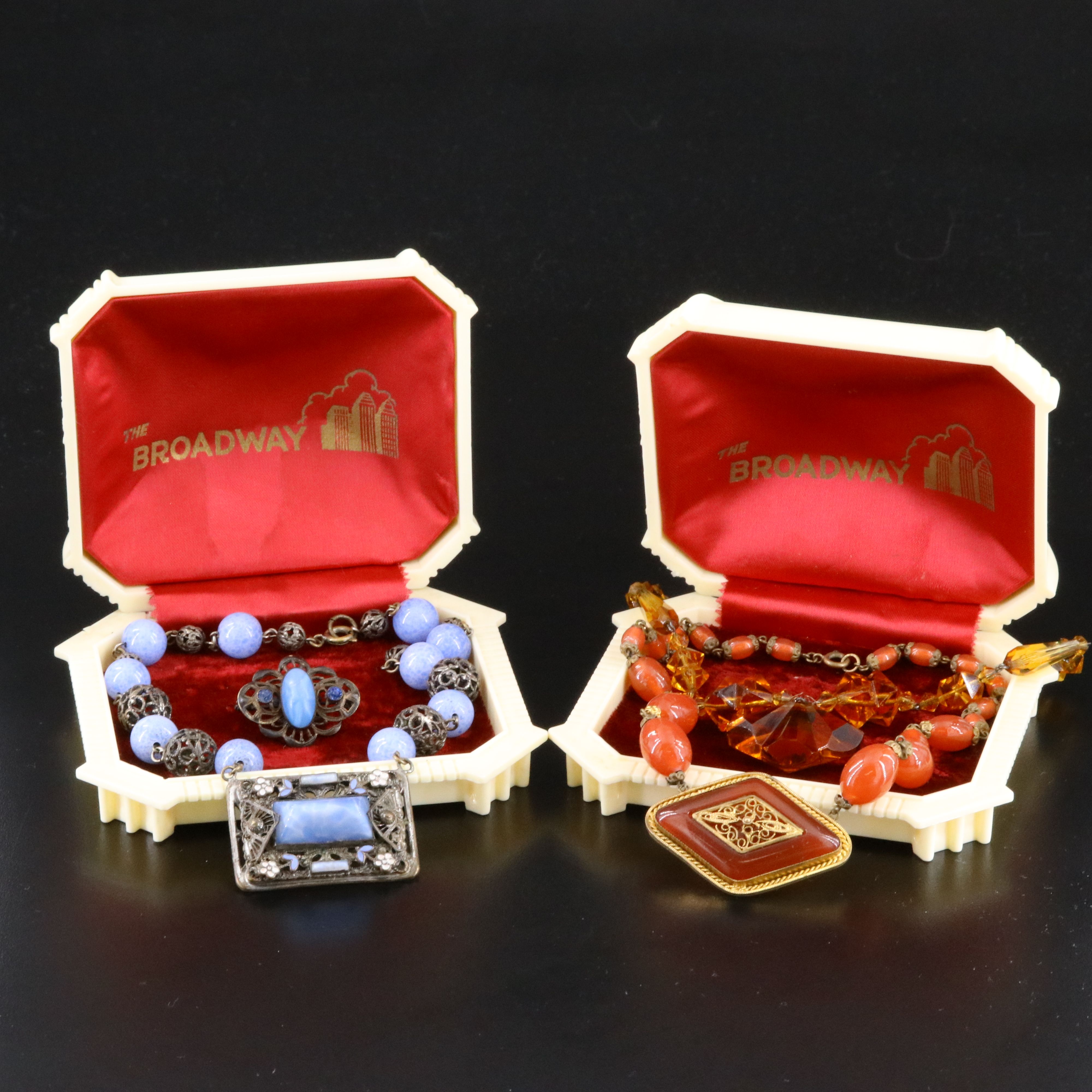 1930s Deco Necklaces and Pin Including Czech and Amber Glass with Boxes