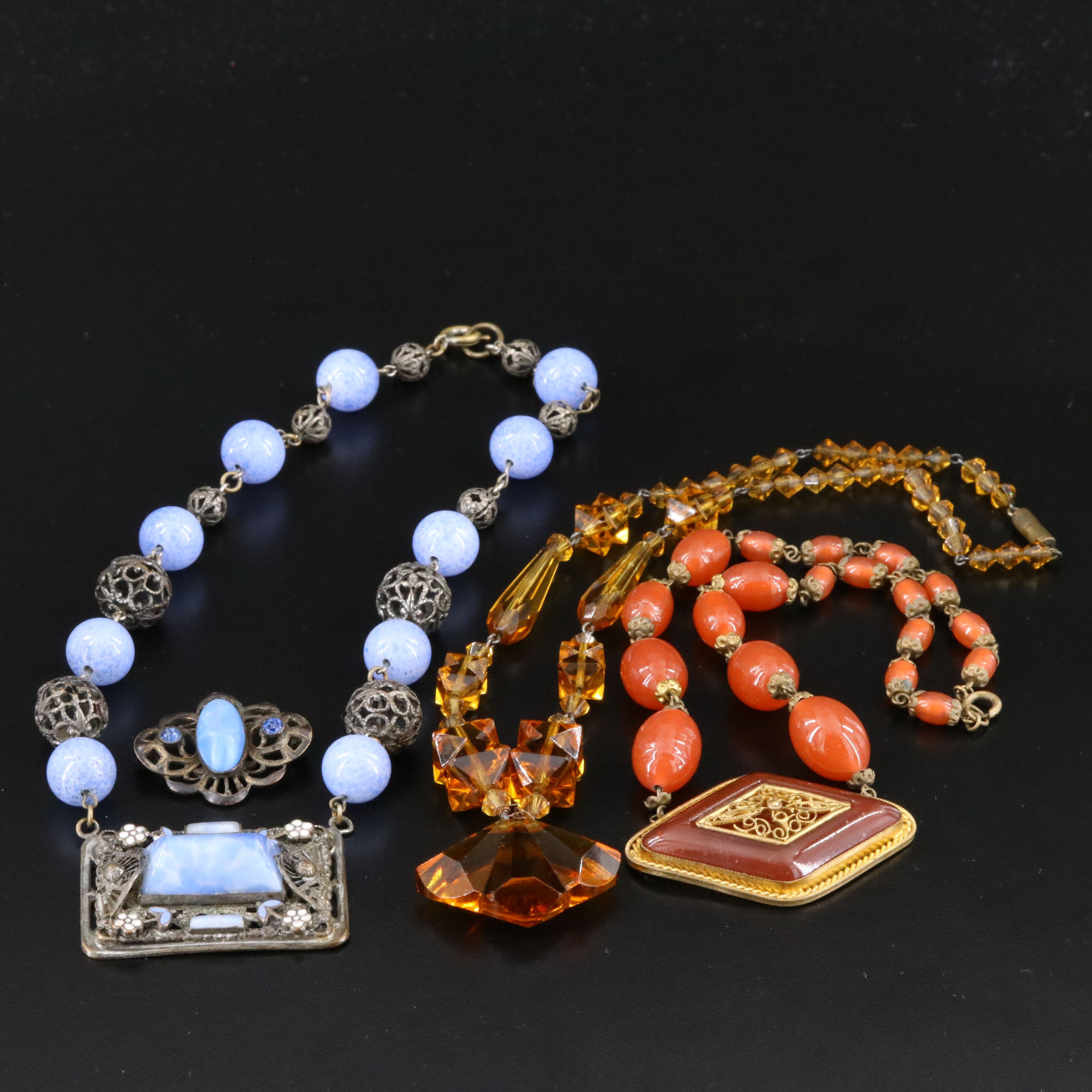 1930s Deco Necklaces and Pin Including Czech and Amber Glass with Boxes