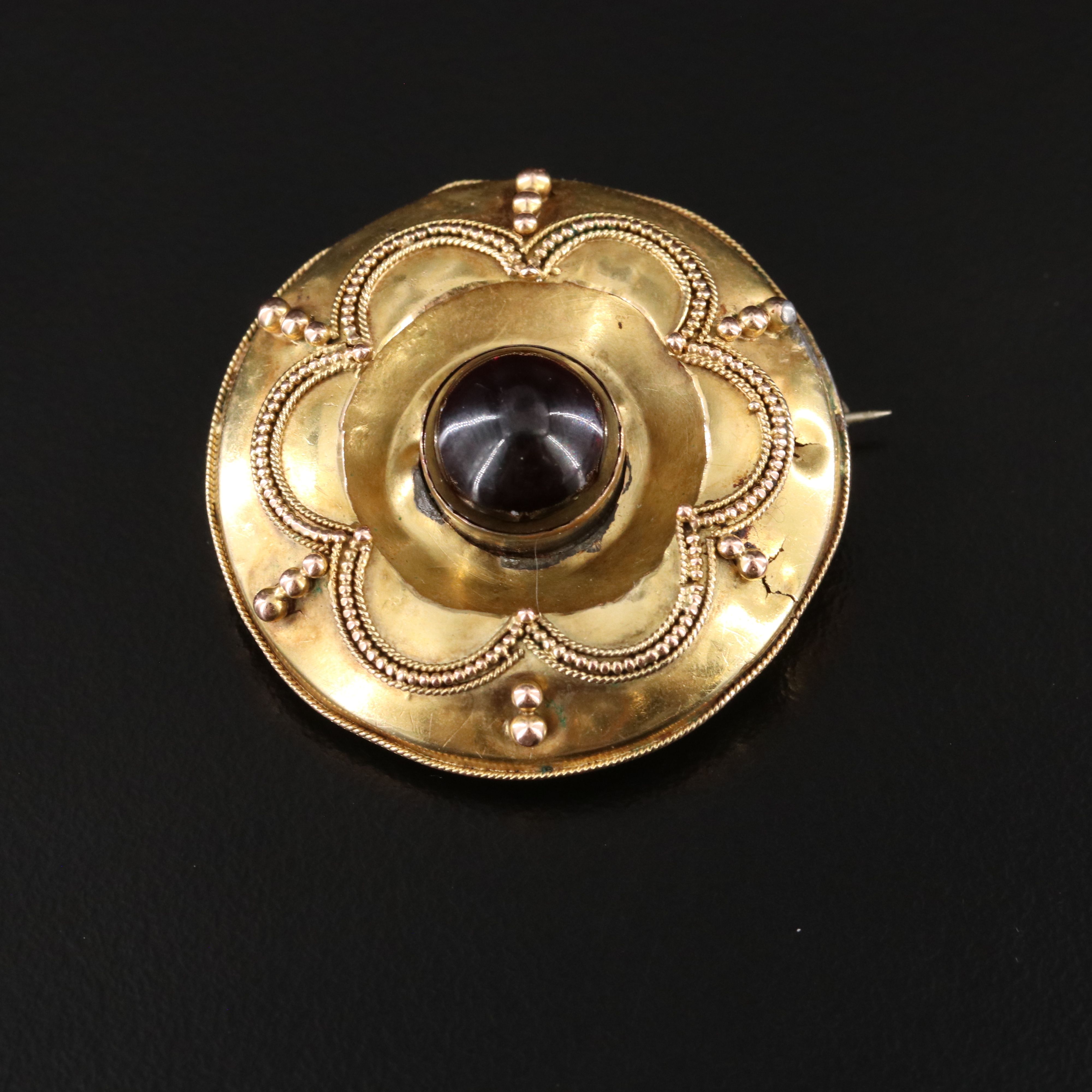 Victorian Etruscan Revival Garnet Sentimental Hair Locket Brooch