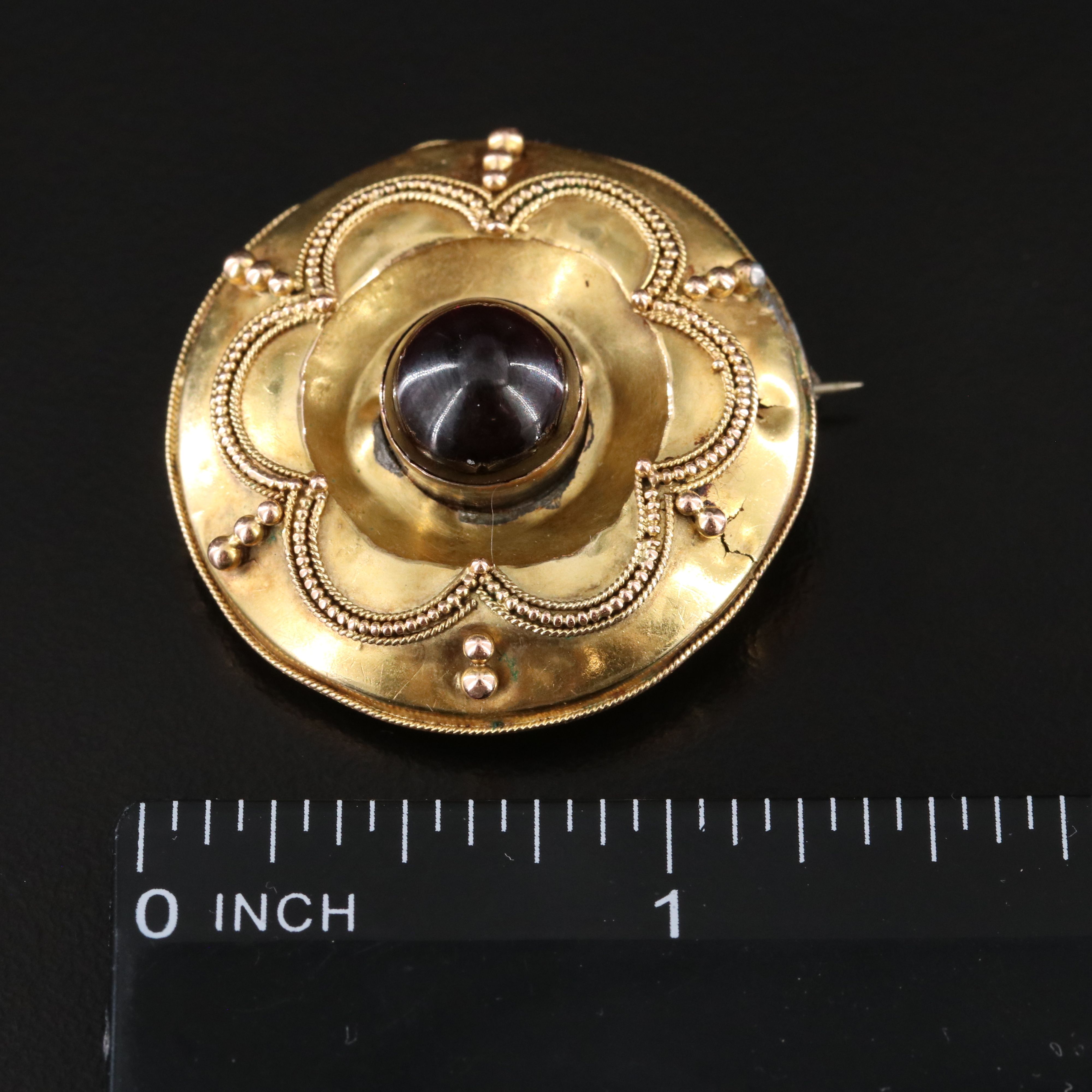 Victorian Etruscan Revival Garnet Sentimental Hair Locket Brooch