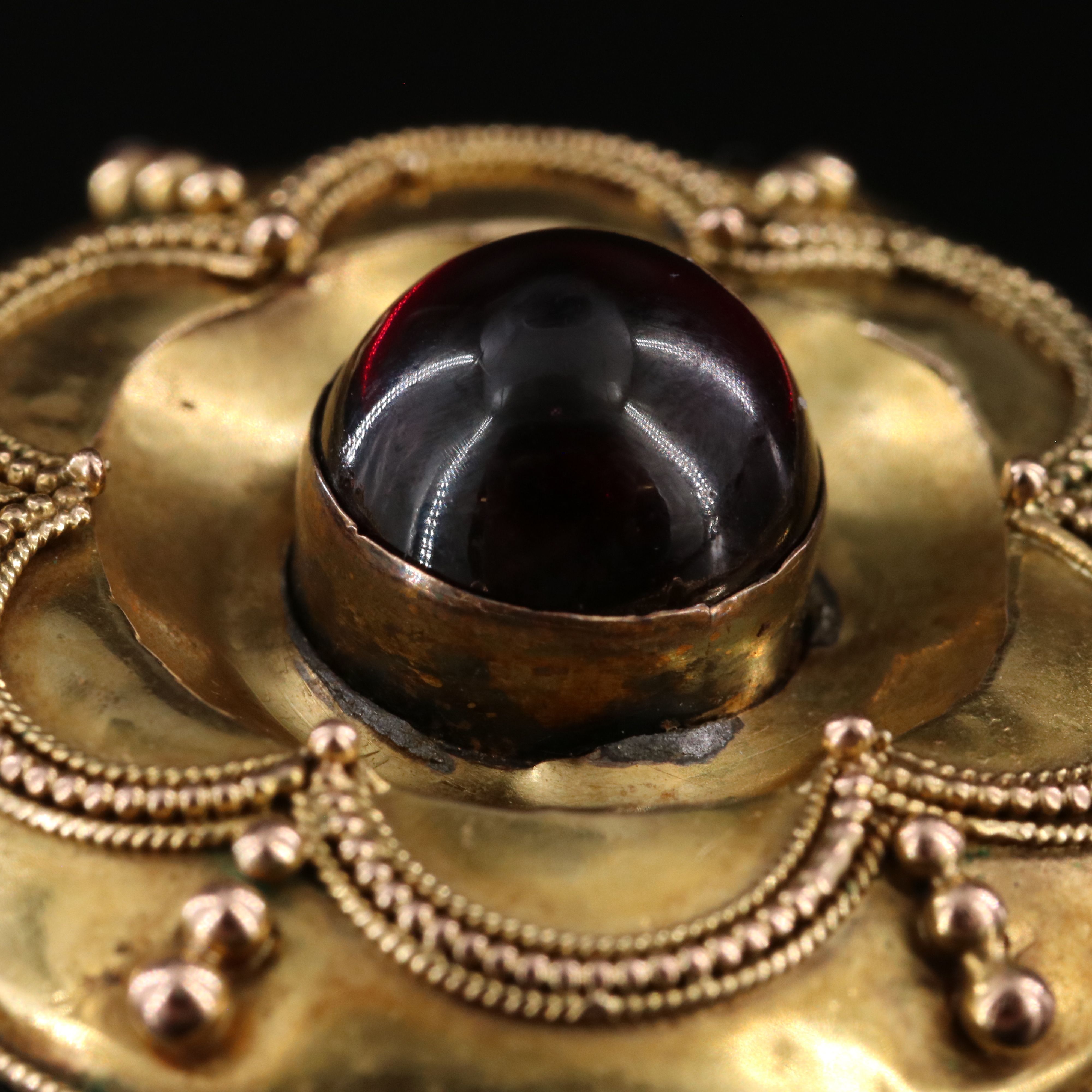 Victorian Etruscan Revival Garnet Sentimental Hair Locket Brooch