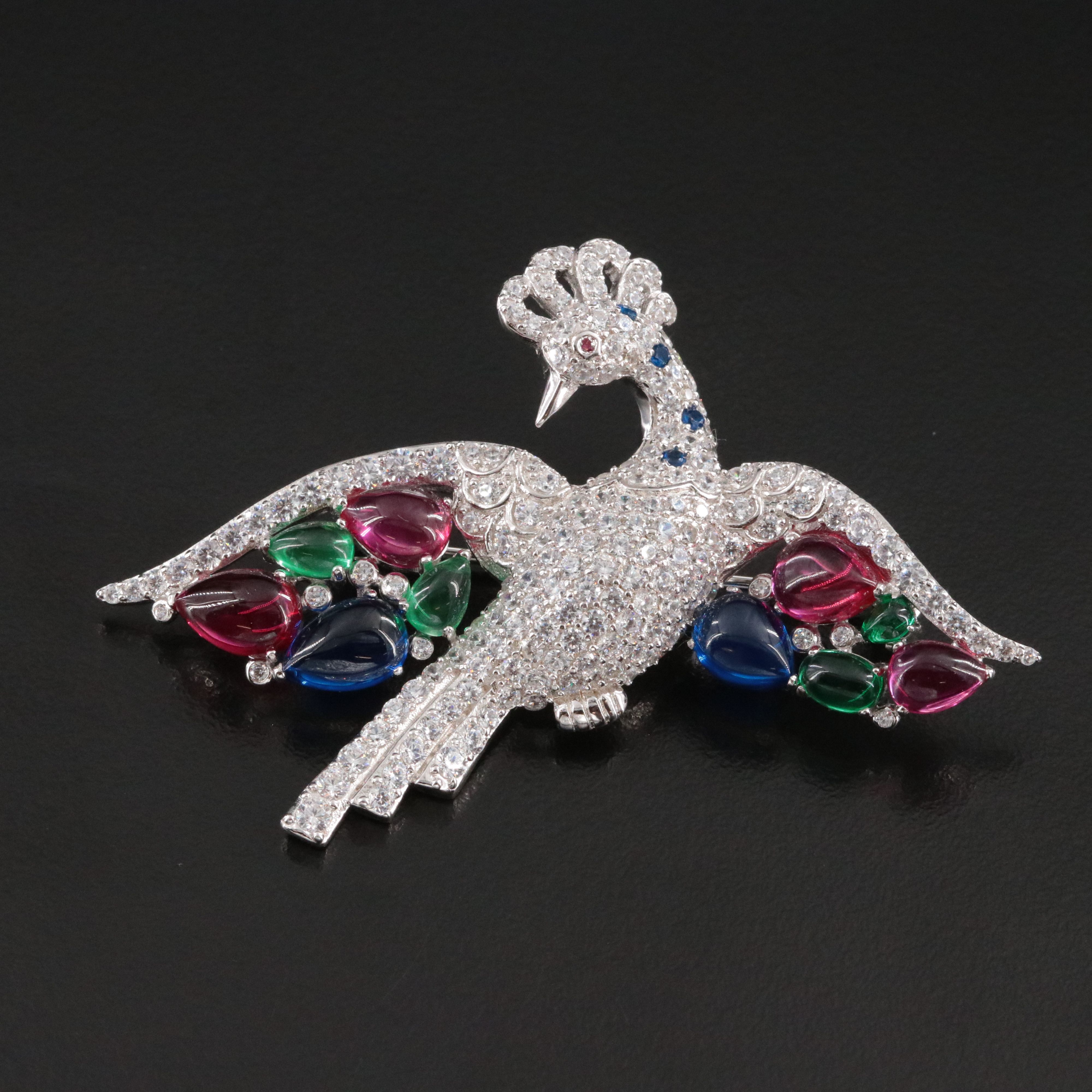 Sterling Peacock Brooch with Rubies, CZ and Glass