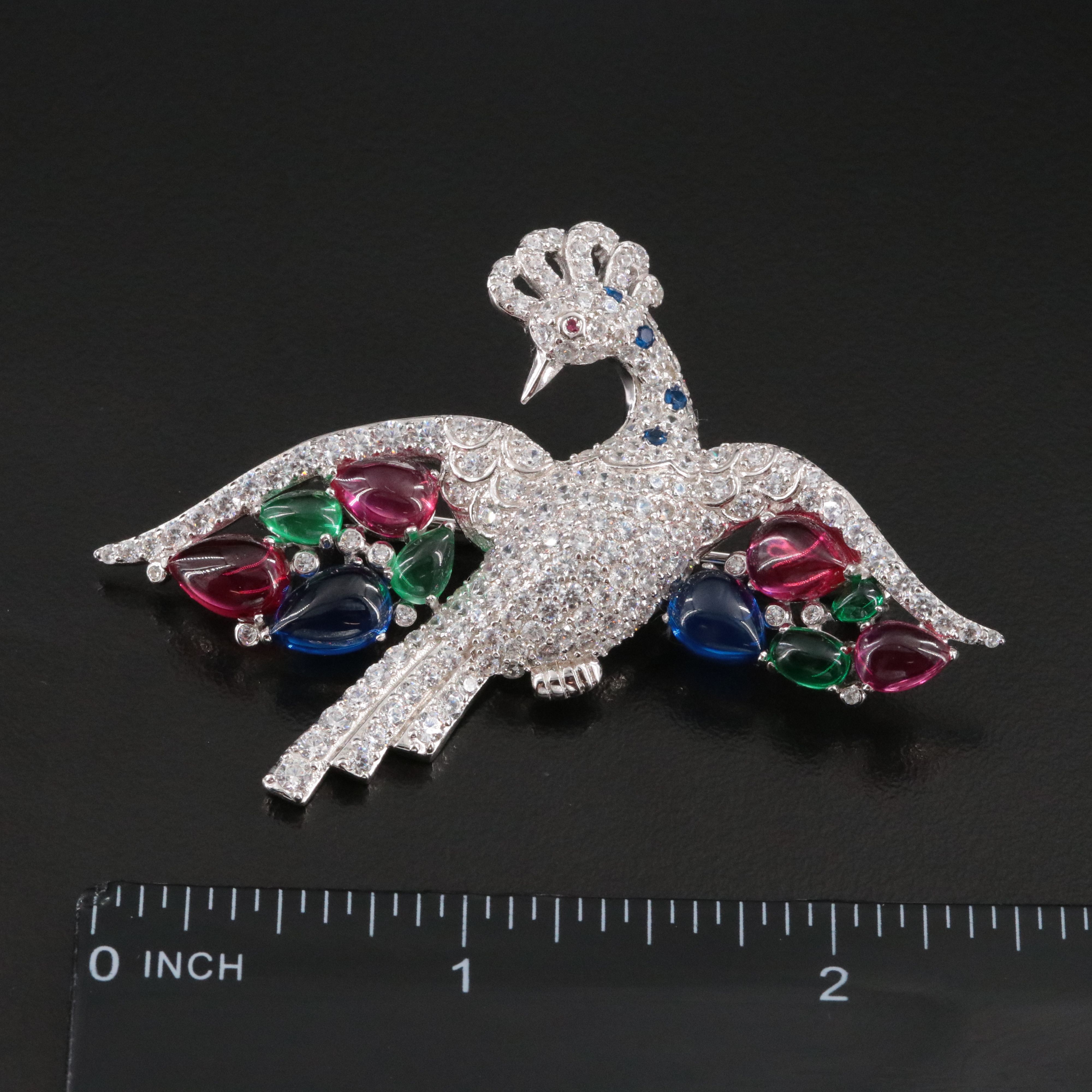 Sterling Peacock Brooch with Rubies, CZ and Glass
