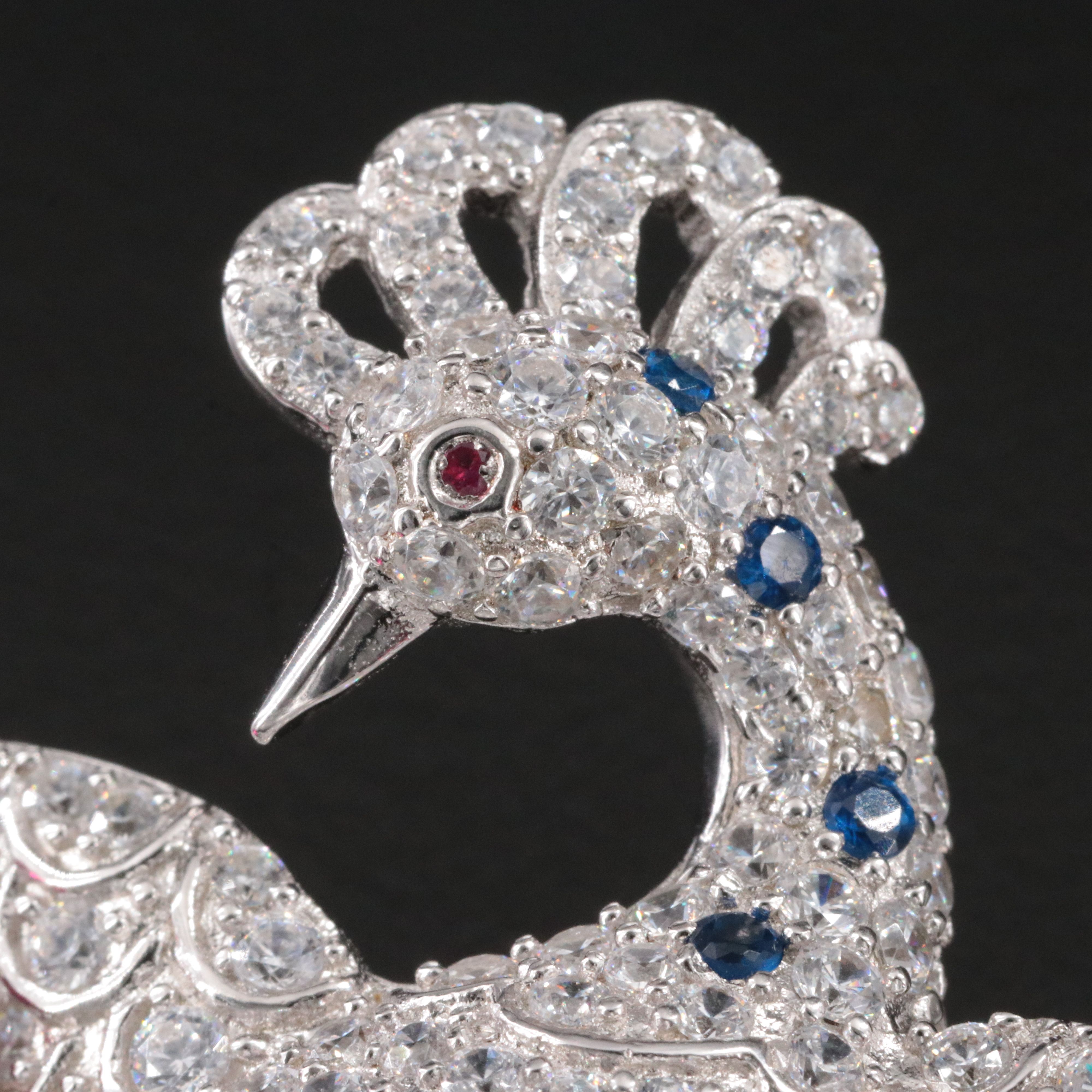 Sterling Peacock Brooch with Rubies, CZ and Glass
