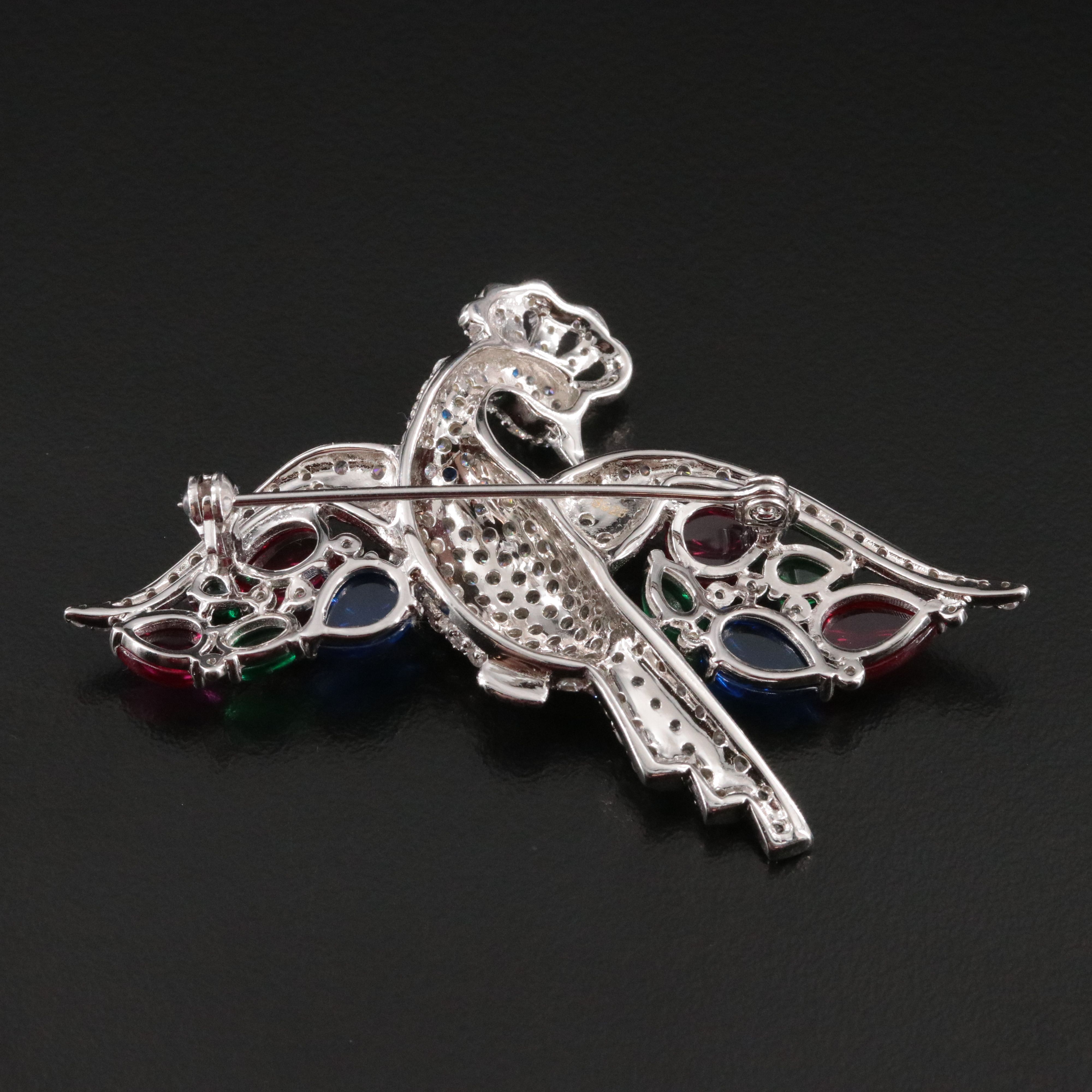 Sterling Peacock Brooch with Rubies, CZ and Glass
