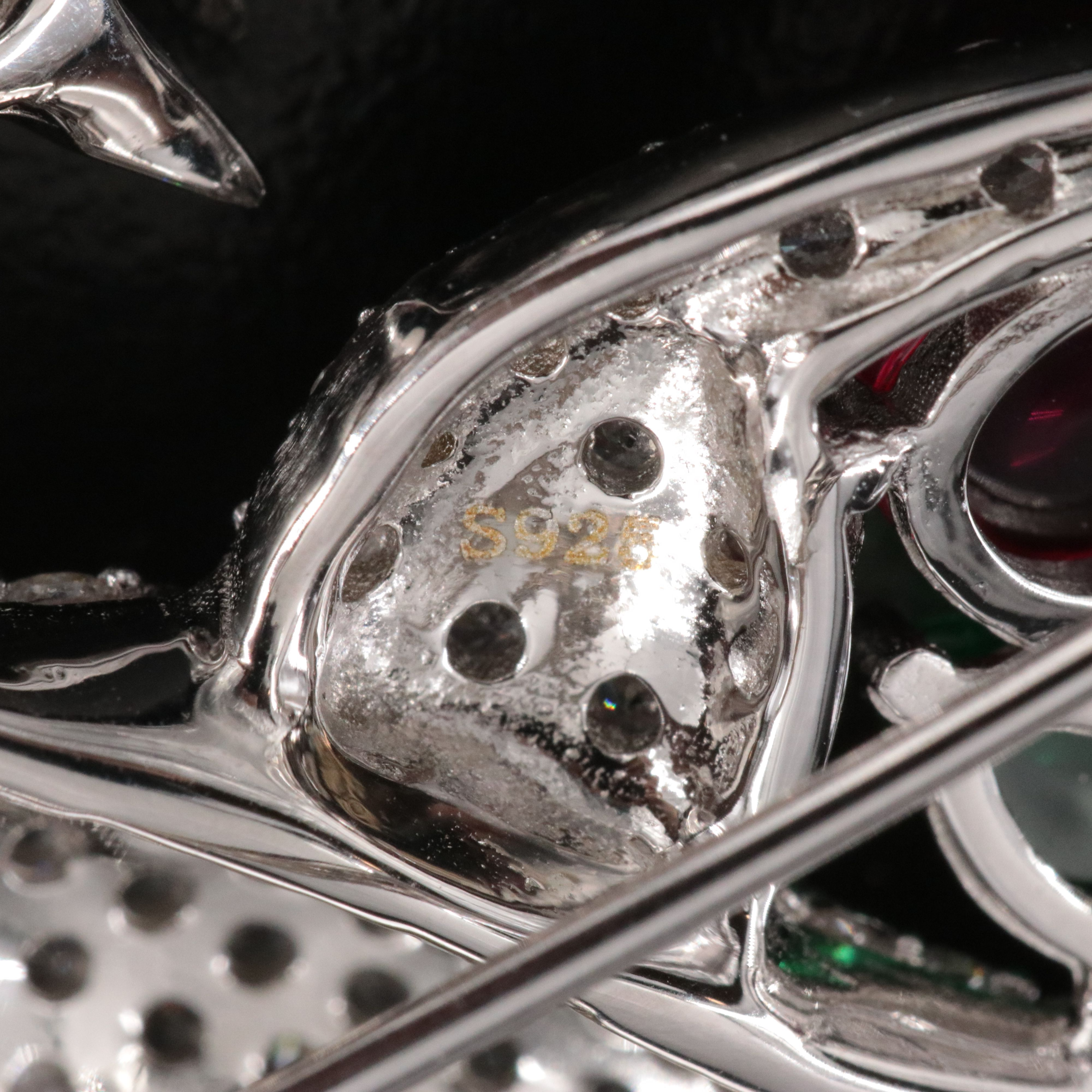 Sterling Peacock Brooch with Rubies, CZ and Glass