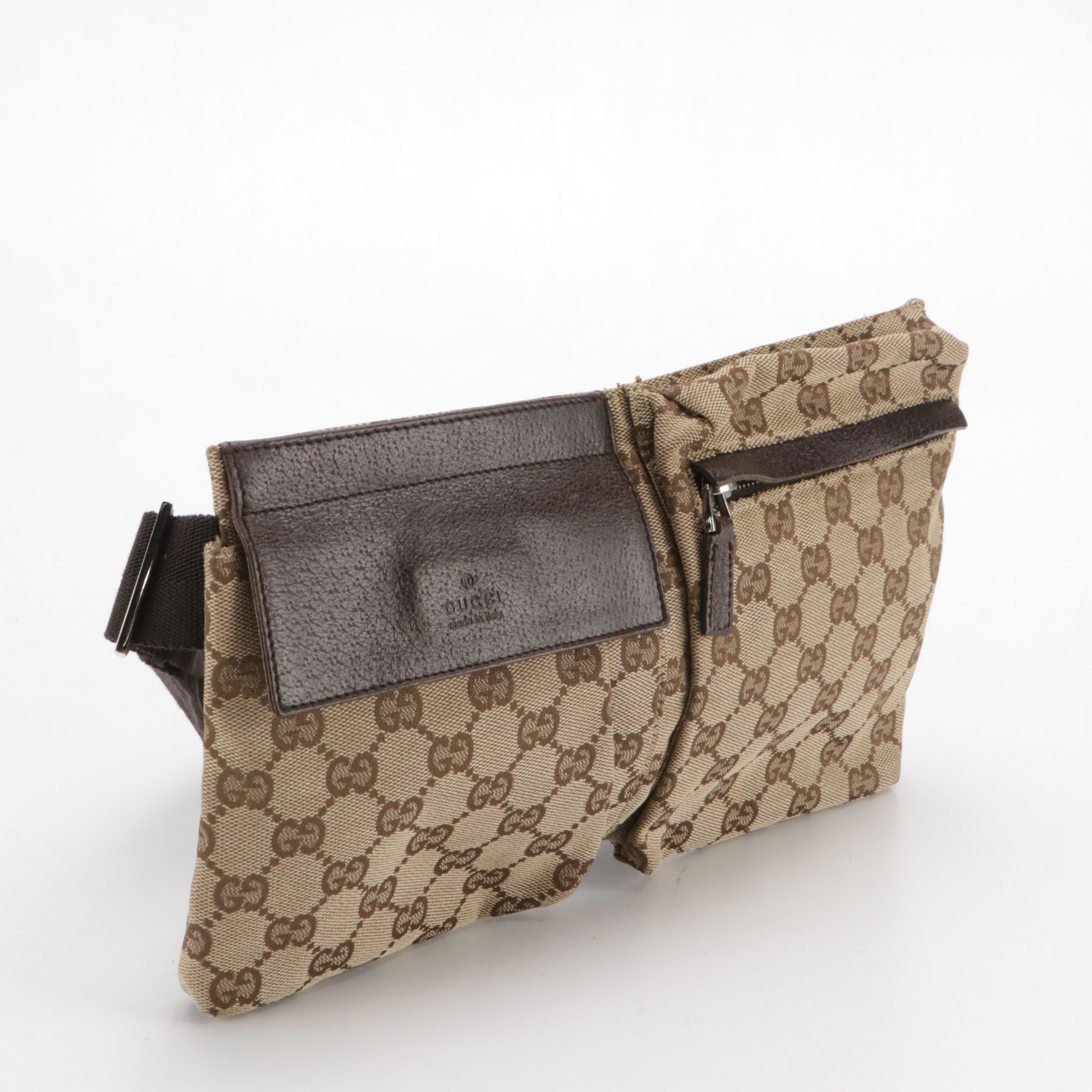 Gucci Double Pocket Belt Bag in Brown GG Canvas and Leather
