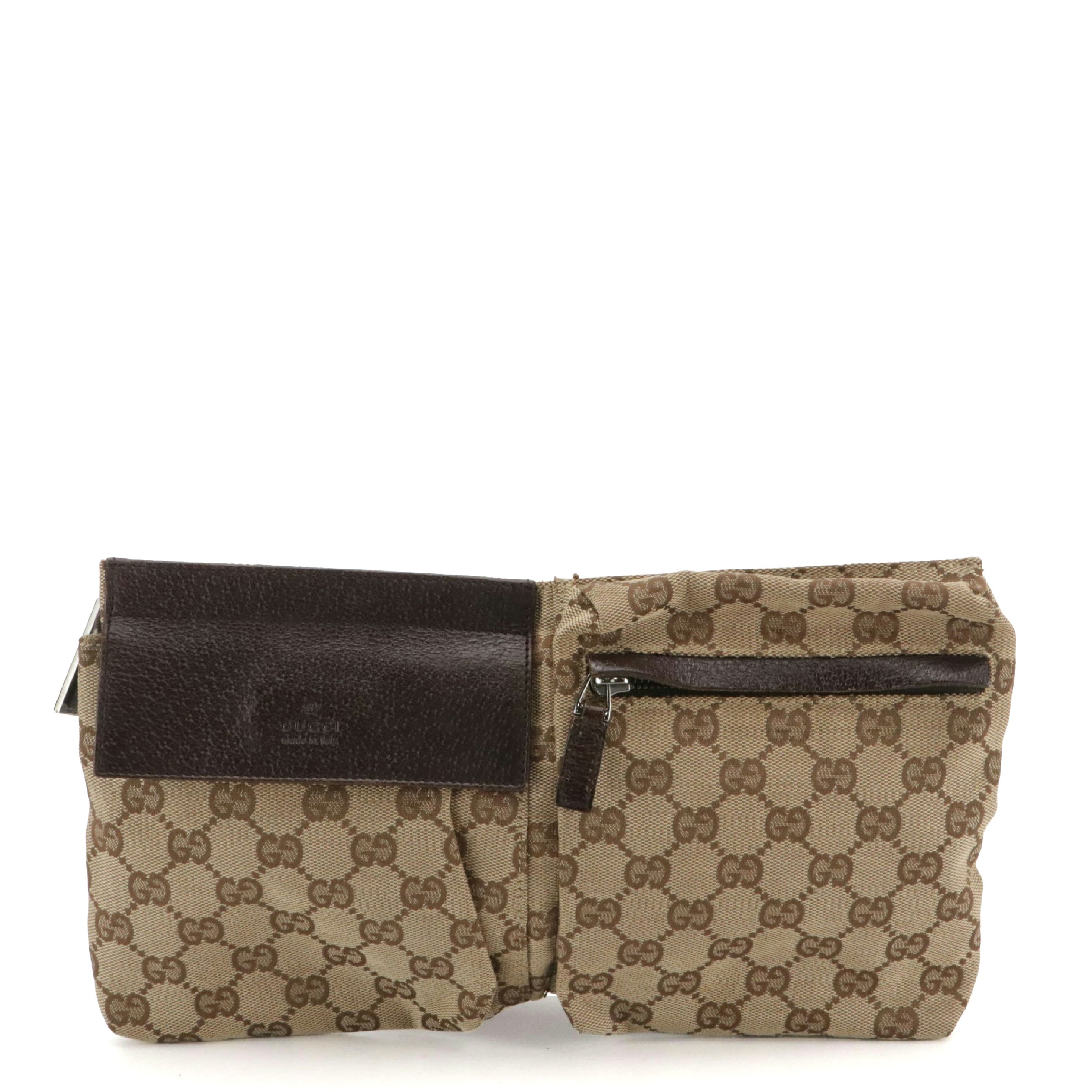 Gucci Double Pocket Belt Bag in Brown GG Canvas and Leather